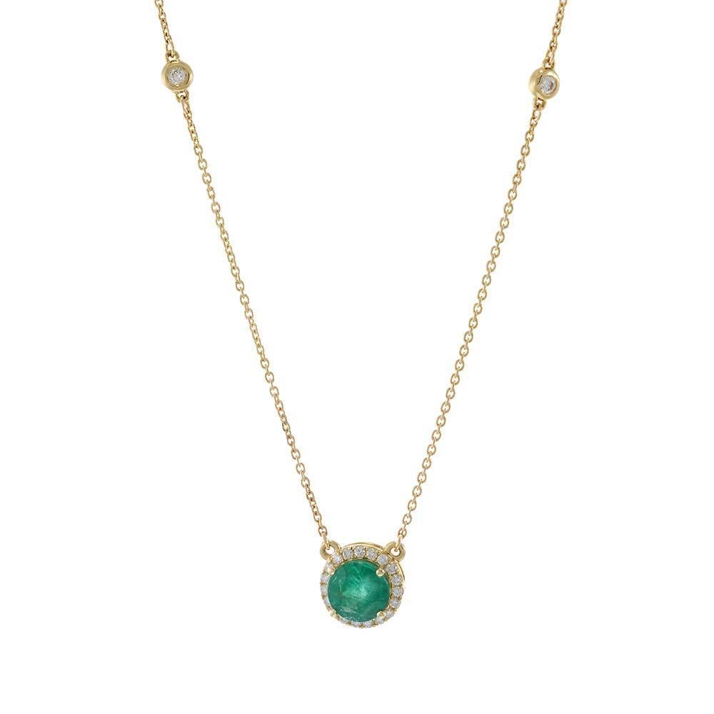 Round Cut 14KT Yellow Gold Bezel Set Diamond Station Necklace with Emerald and Halo For Sale