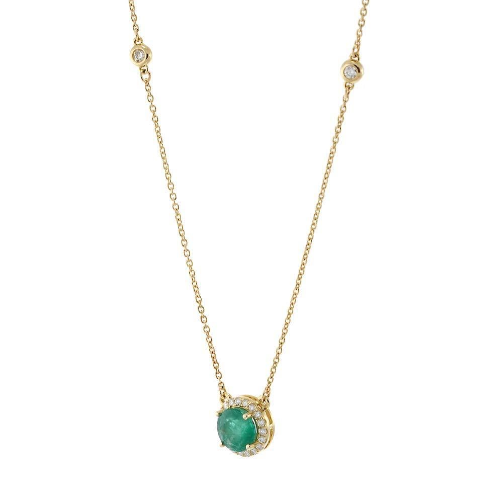 14KT Yellow Gold Bezel Set Diamond Station Necklace with Emerald and Halo In New Condition For Sale In New York, NY