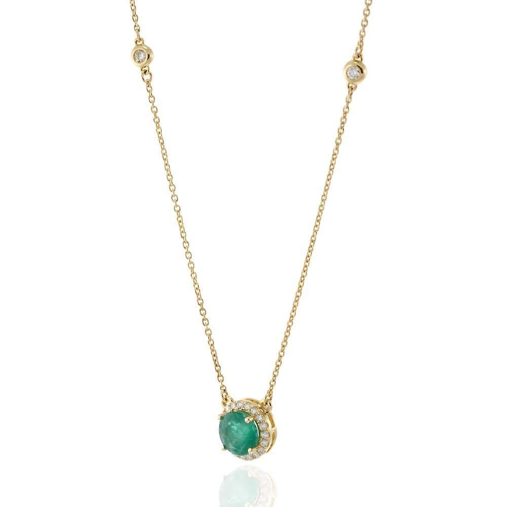 Women's or Men's 14KT Yellow Gold Bezel Set Diamond Station Necklace with Emerald and Halo For Sale