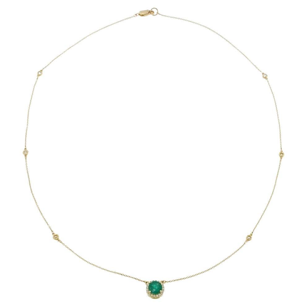 14KT Yellow Gold Bezel Set Diamond Station Necklace with Emerald and Halo For Sale