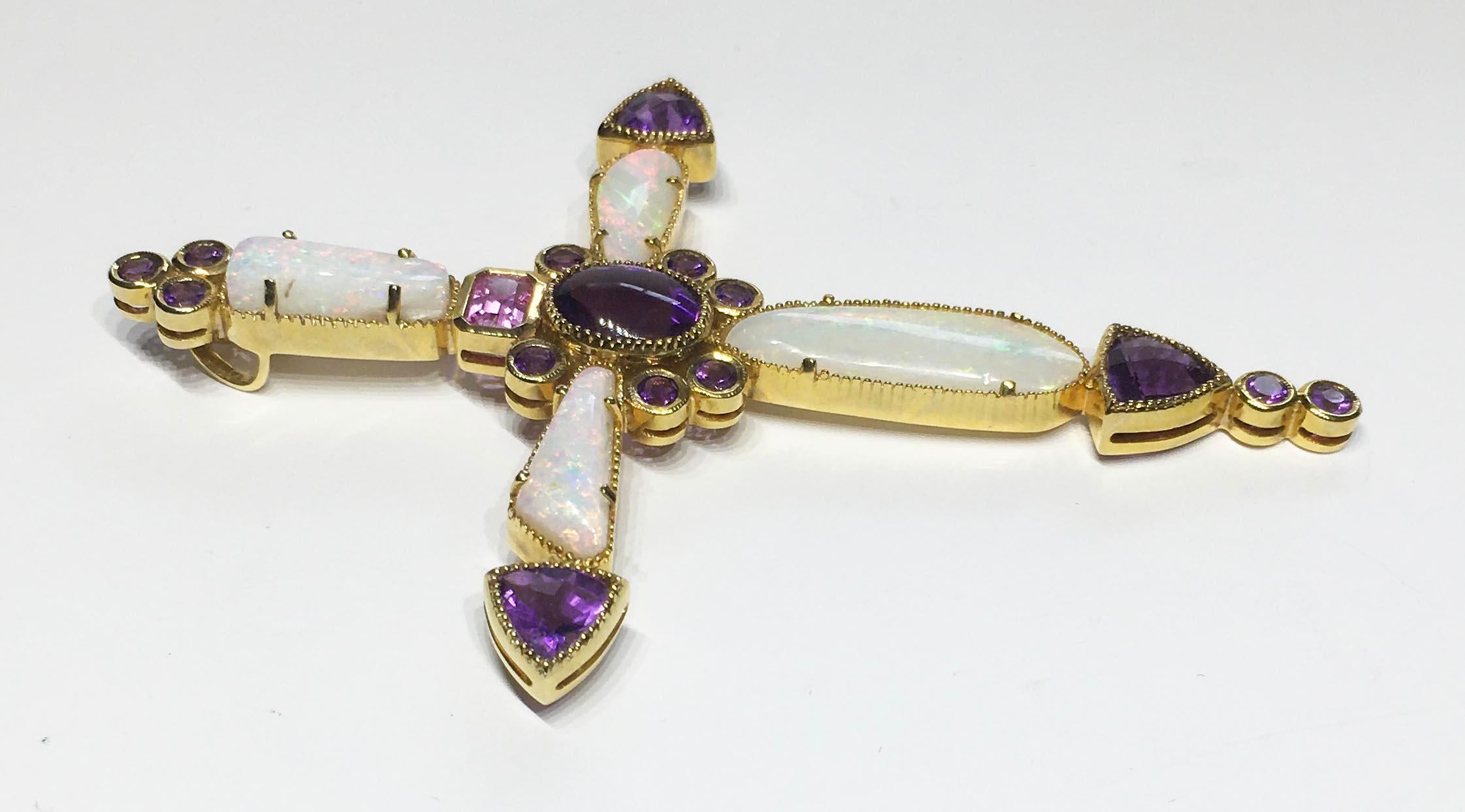 14kt Yellow Gold Bishop's Cross Pendant Set with Amethyst, Opal and Sapphire 5