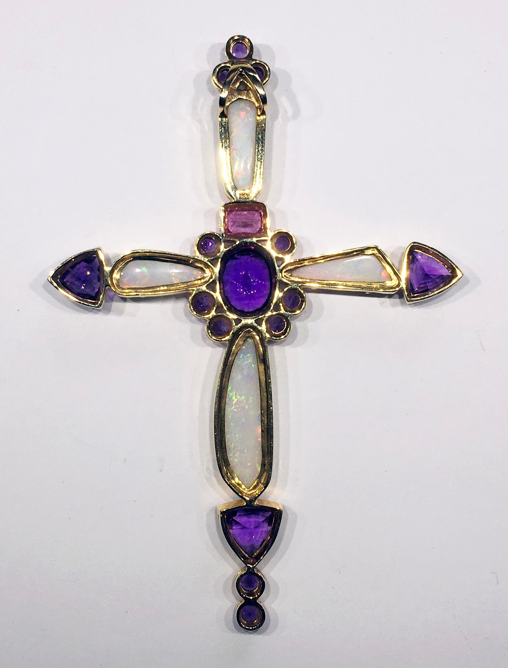 14kt Yellow Gold Bishop's Cross Pendant Set with Amethyst, Opal and Sapphire 7