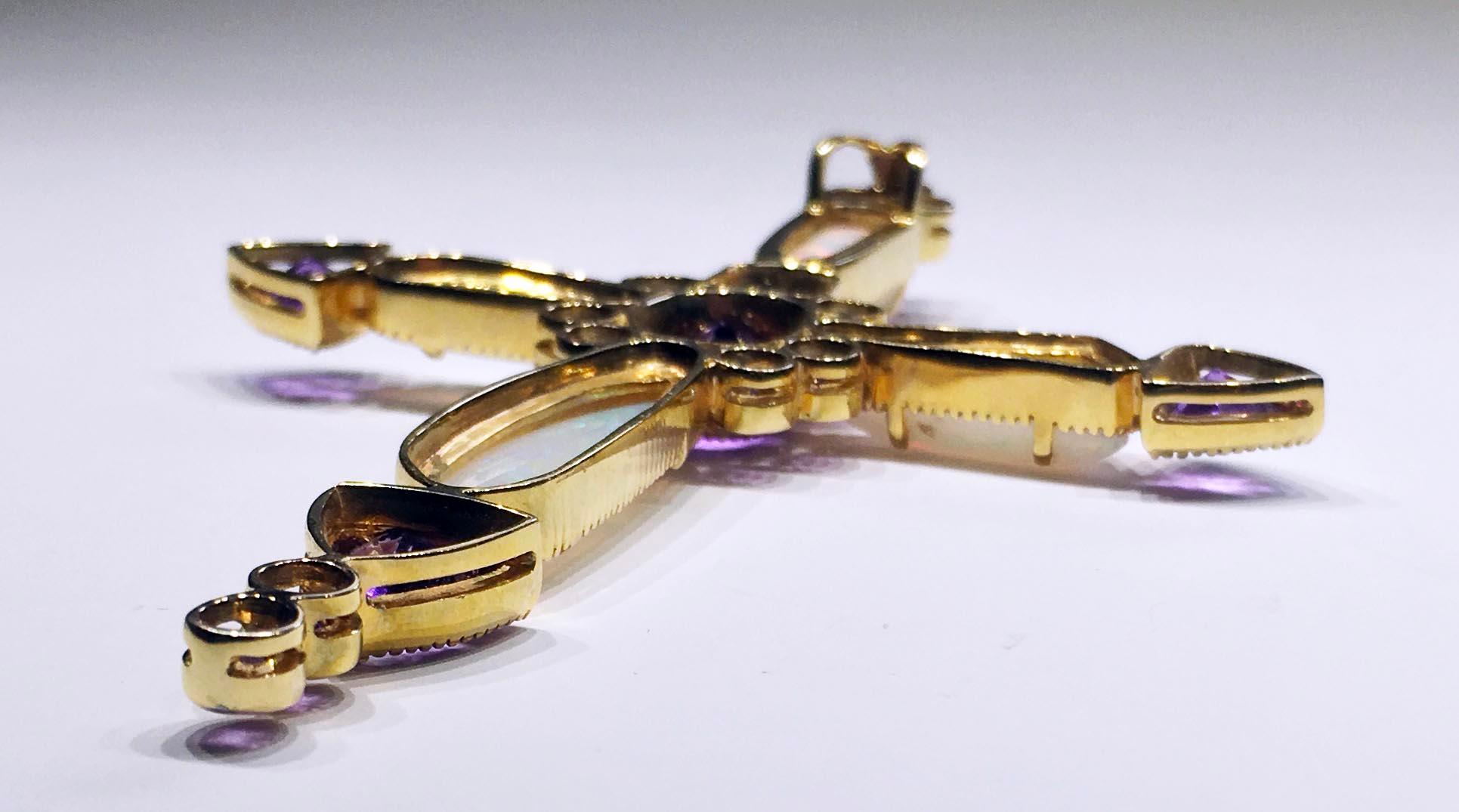 14kt Yellow Gold Bishop's Cross Pendant Set with Amethyst, Opal and Sapphire 10
