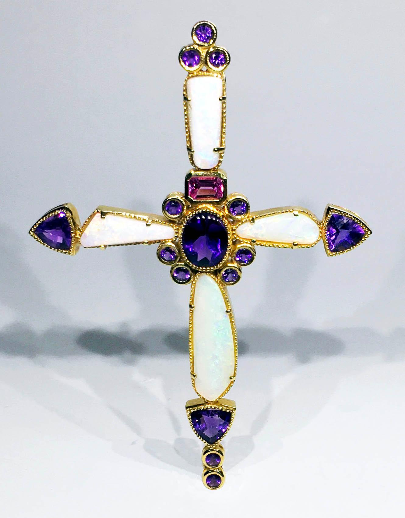 Modern 14kt Yellow Gold Bishop's Cross Pendant Set with Amethyst, Opal and Sapphire