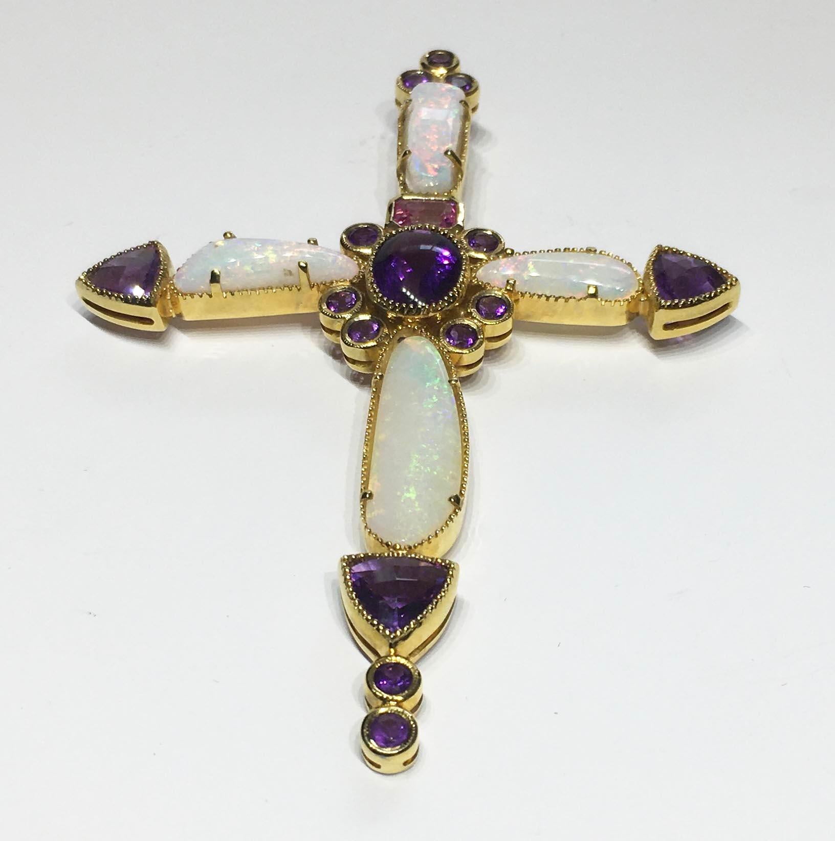 Women's or Men's 14kt Yellow Gold Bishop's Cross Pendant Set with Amethyst, Opal and Sapphire