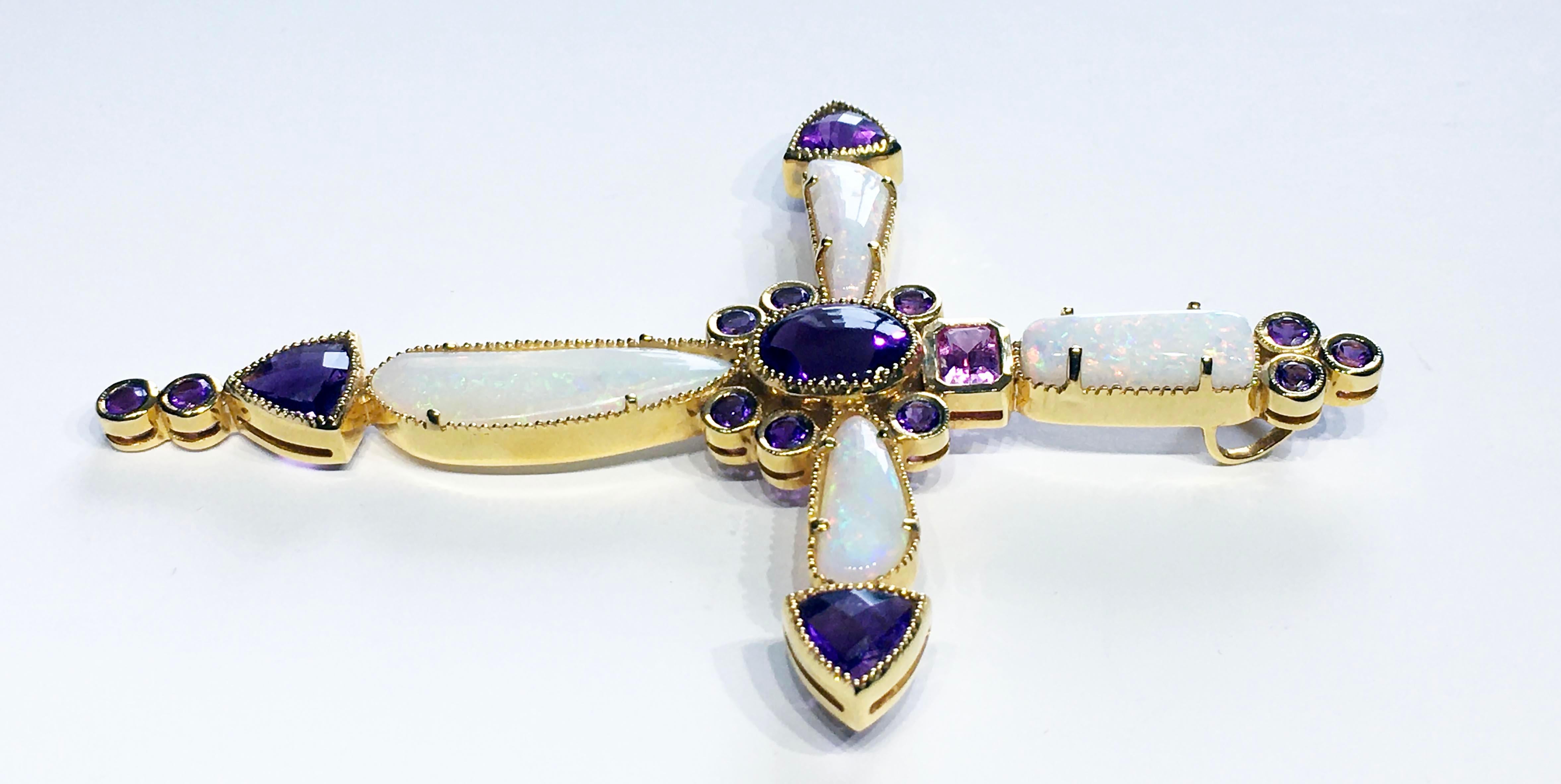 14kt Yellow Gold Bishop's Cross Pendant Set with Amethyst, Opal and Sapphire 1