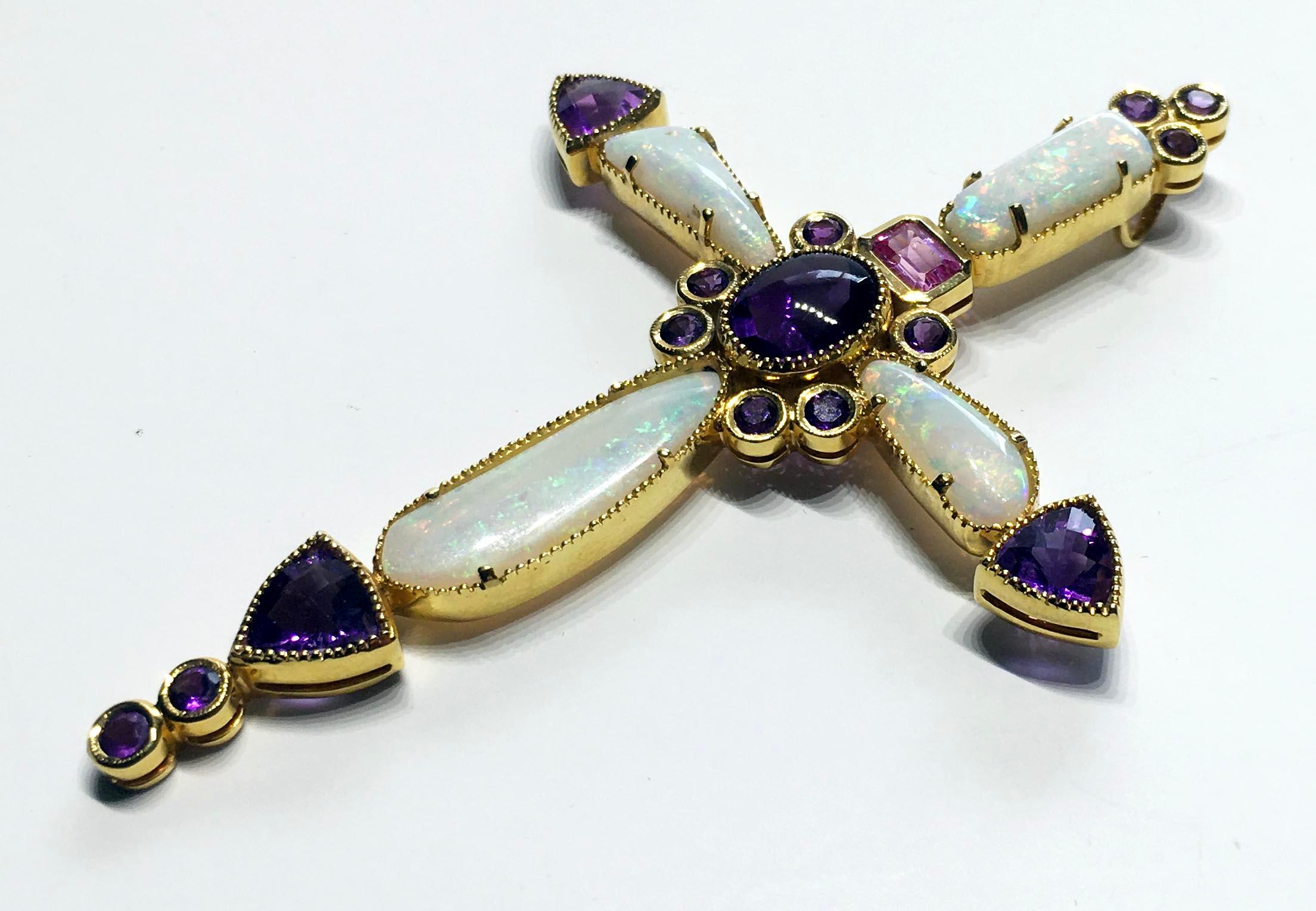 14kt Yellow Gold Bishop's Cross Pendant Set with Amethyst, Opal and Sapphire 2