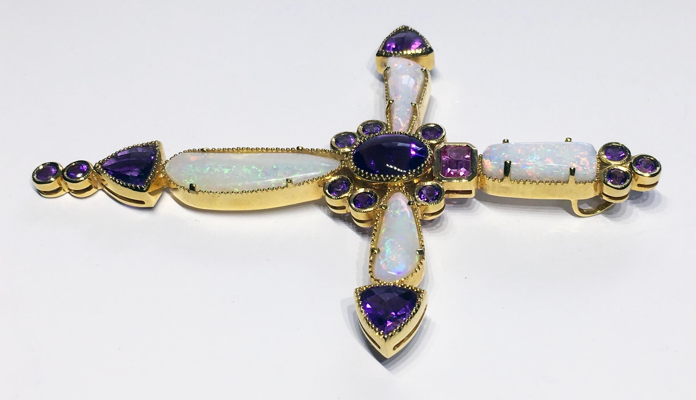 14kt Yellow Gold Bishop's Cross Pendant Set with Amethyst, Opal and Sapphire 3