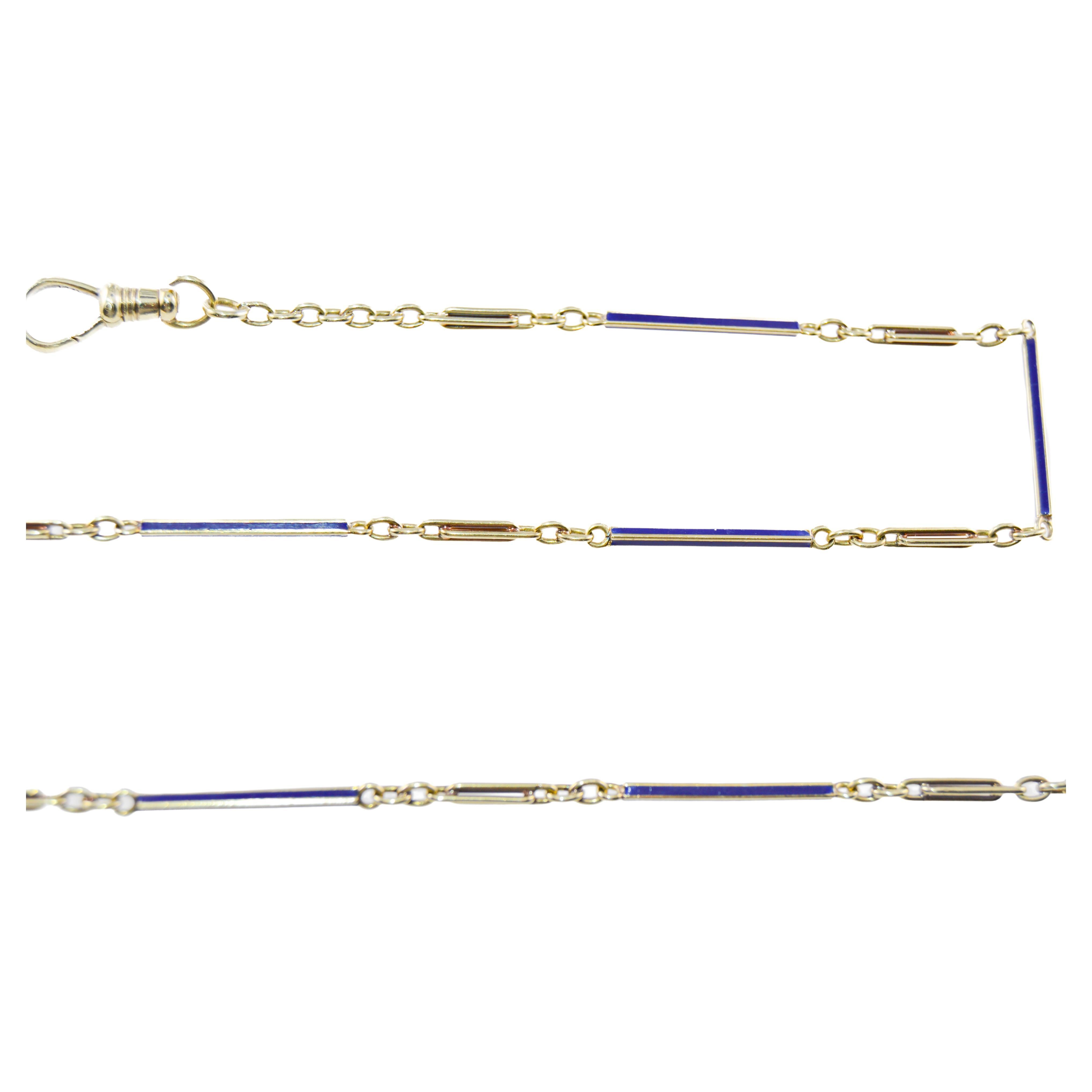 Art Deco 14Kt Yellow Gold & Blue Enamel Necklace, Bracelet or Pocket Watch Chain 1940's For Sale