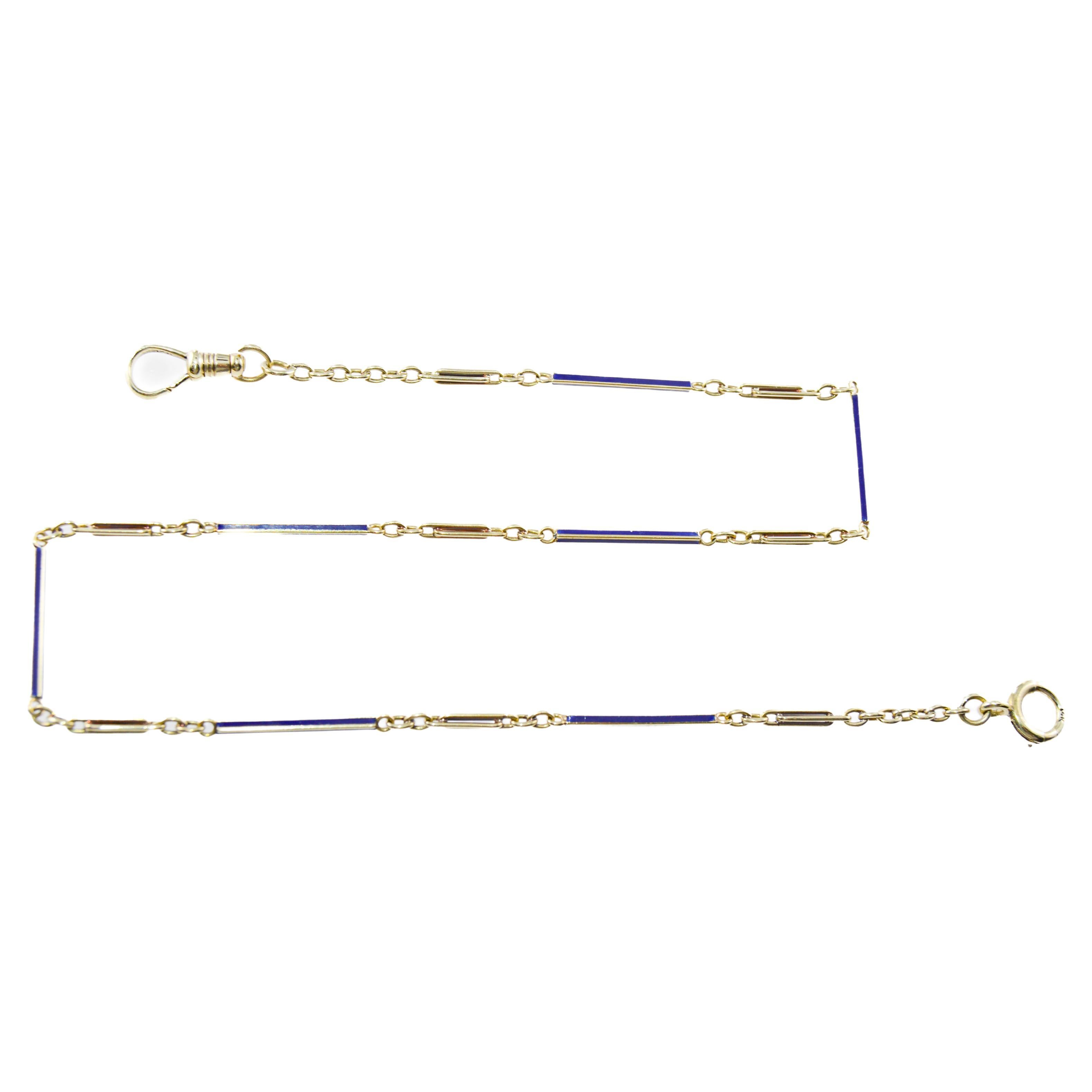 14Kt Yellow Gold & Blue Enamel Necklace, Bracelet or Pocket Watch Chain 1940's For Sale