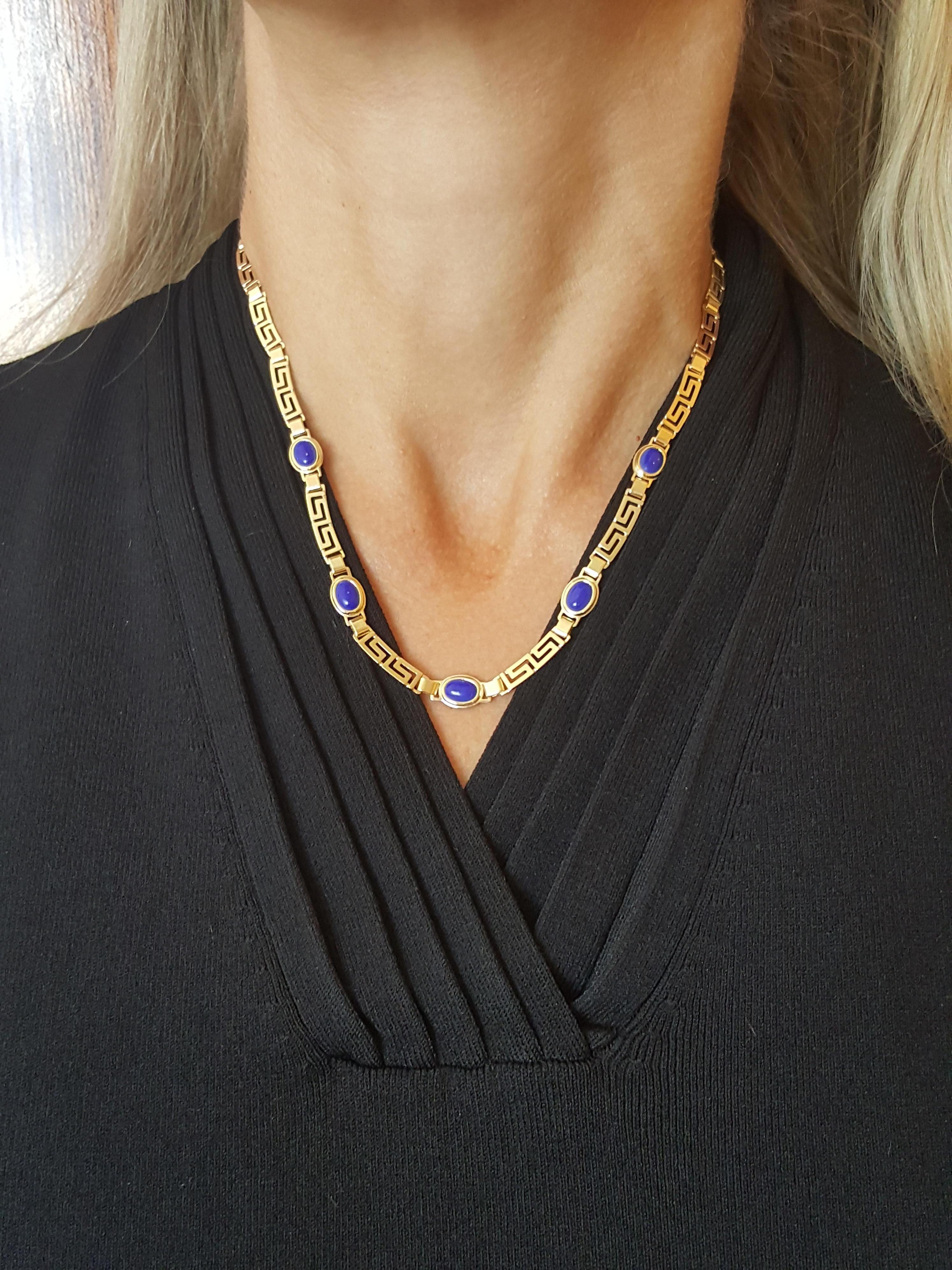 Cabochon 14kt Yellow Gold Blue Lapis Greek Key Design Trio, Earrings, Bracelet, Necklace