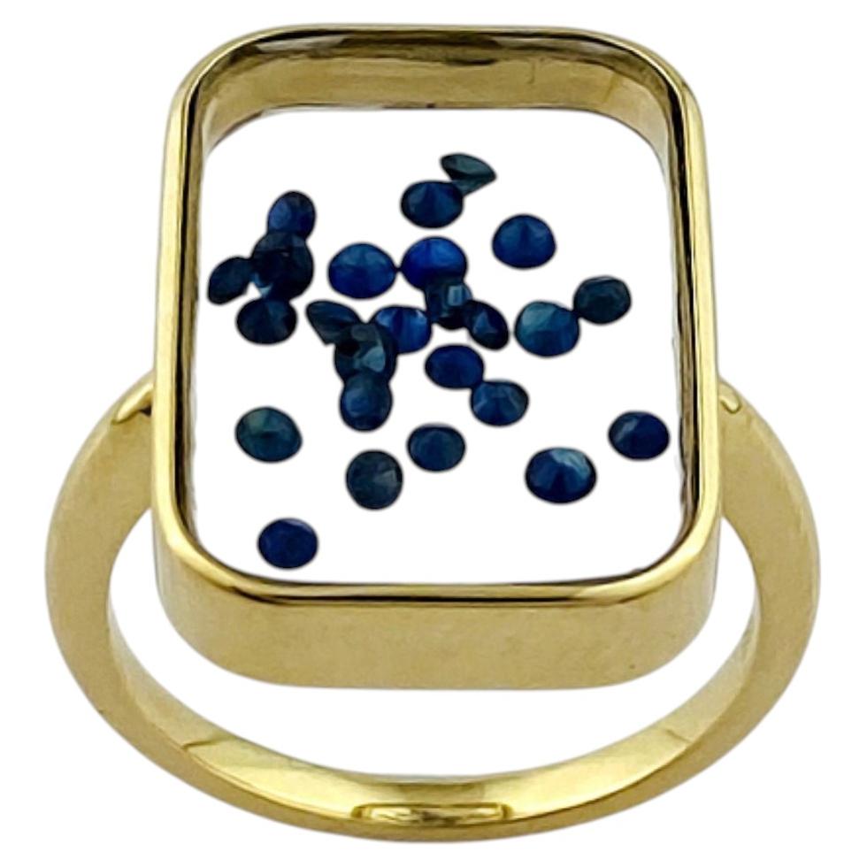 14KT Yellow Gold Blue Sapphire Diamond Shaker Ring For Sale