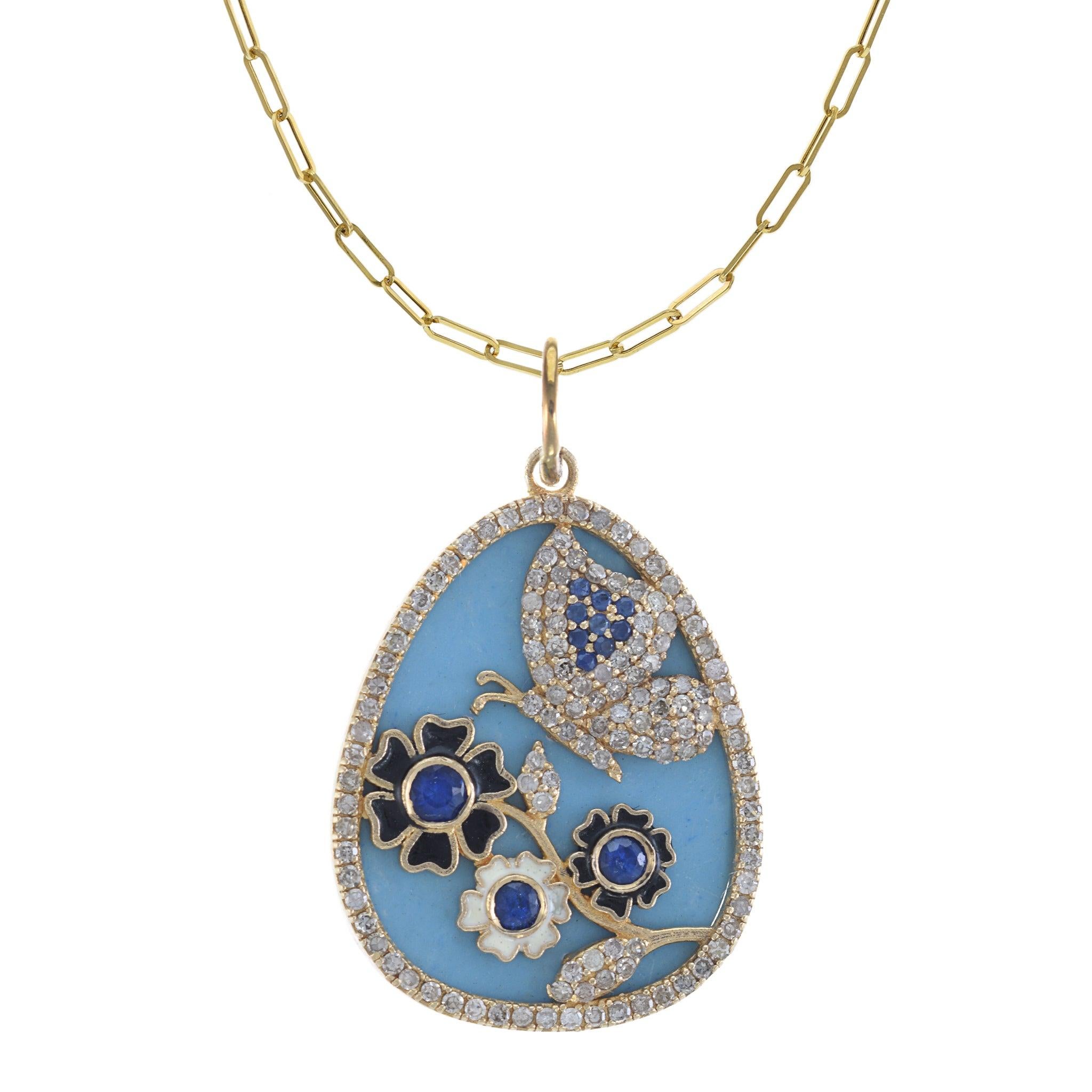 Round Cut 14KT Yellow Gold Butterflies and Flowers Disc Pendant For Sale