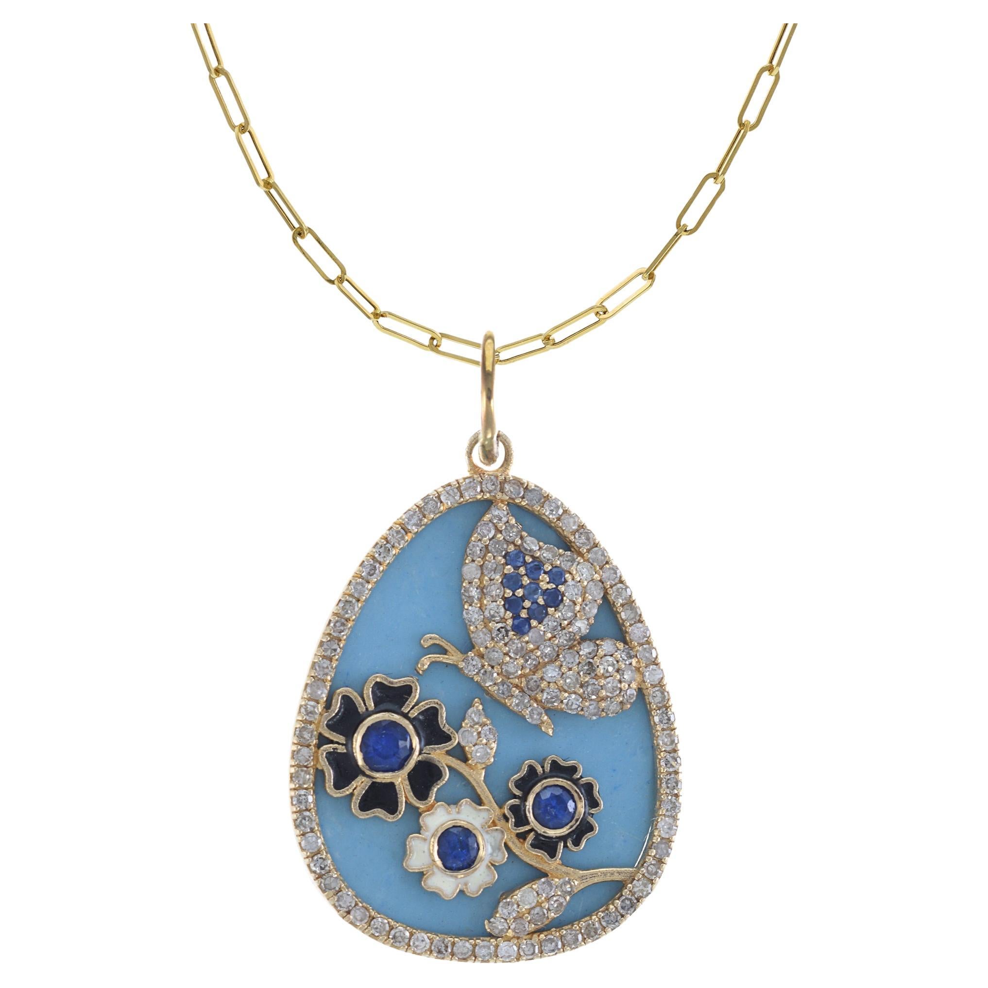 14KT Yellow Gold Butterflies and Flowers Disc Pendant For Sale