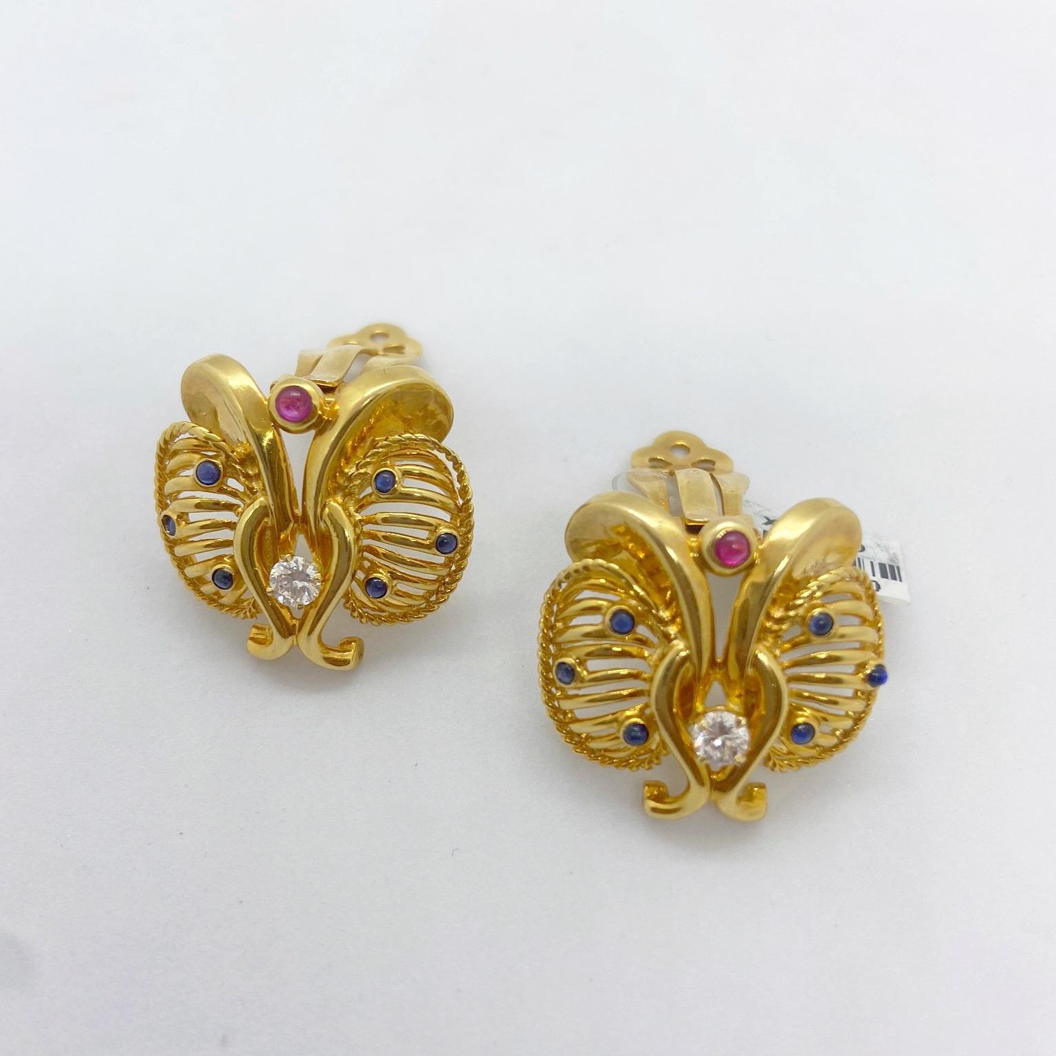 Retro 14 Karat Yellow Gold Butterfly Gem Stone Earrings, circa 1940 For Sale