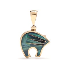 14KT Yellow Gold Carved Essex Crystal Painted Bear Locket Charm / Pendant