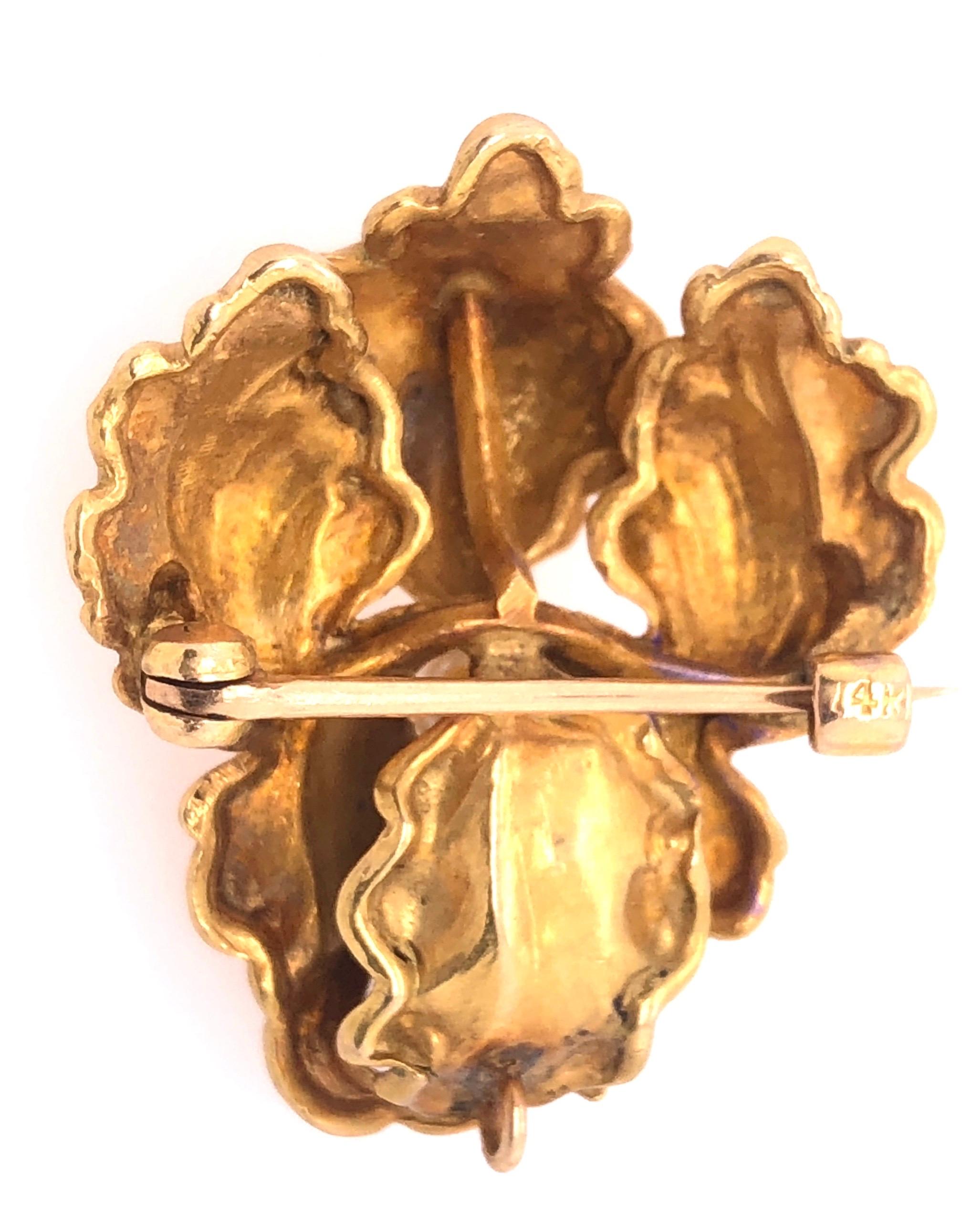 Round Cut 14 Karat Yellow Gold Catleya Pin Brooch with Center Pearl For Sale