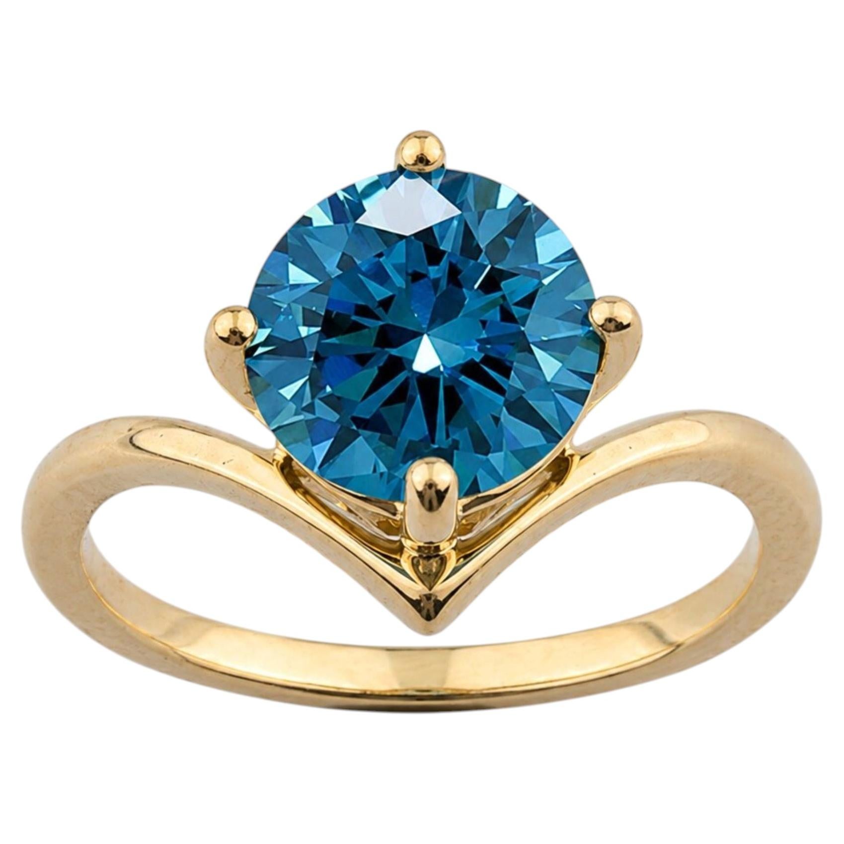 14-Karat-Gelbgold „Celestial Azure“: Solitärring mit rundem blauem Topas in Wishbone-Form, 4,42 im Angebot