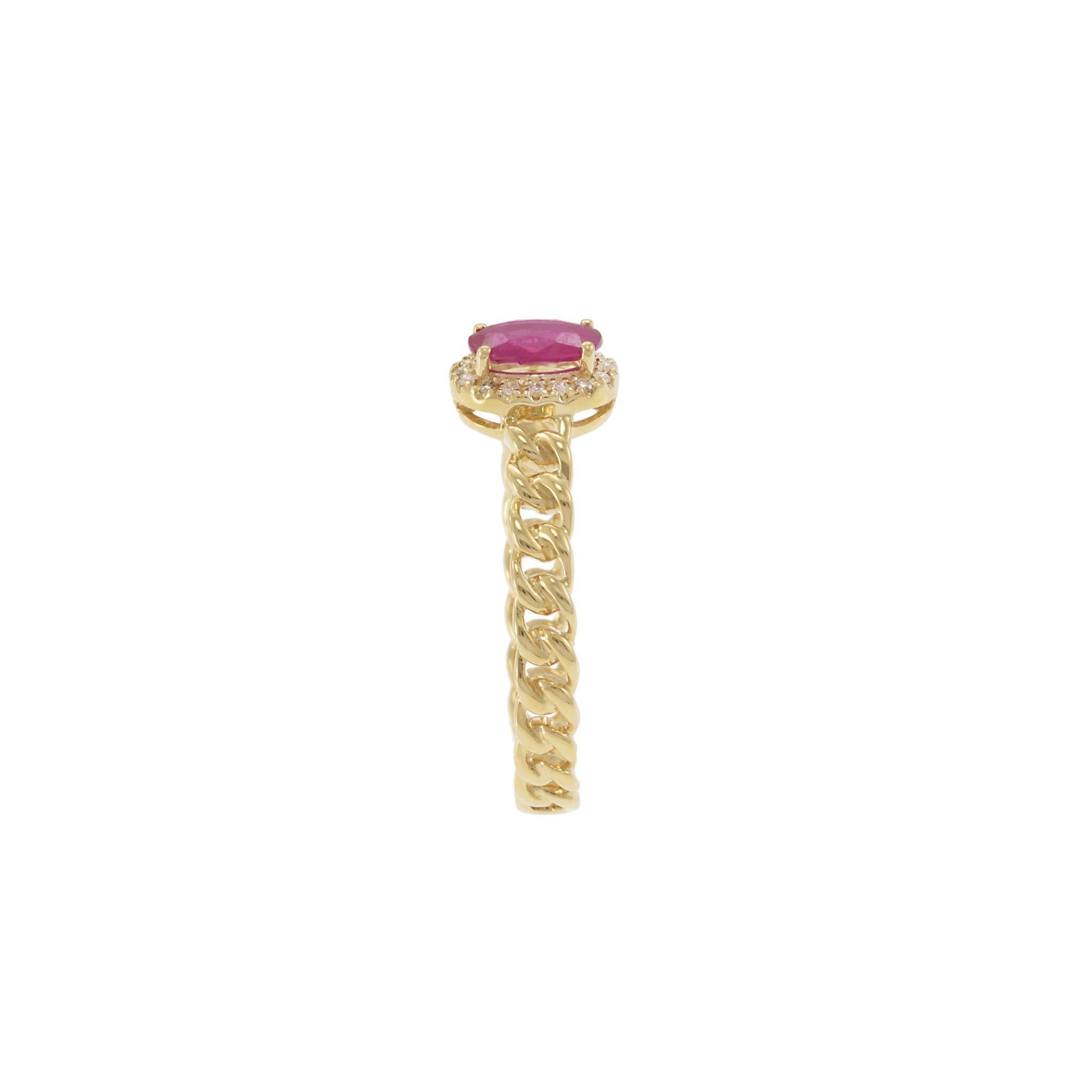 This playful yet elegant 14KT yellow gold ring features a vibrant 0.56-carat oval ruby, framed by a delicate halo of sparkling diamonds. The ruby centerpiece is set atop a distinctive chain link band, adding texture and a modern twist to this
