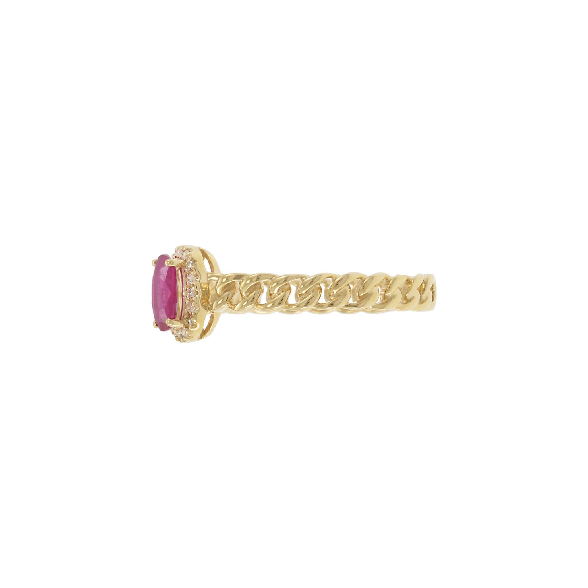 Oval Cut 14KT Yellow Gold Chain Link Ruby and Diamond Halo Ring For Sale