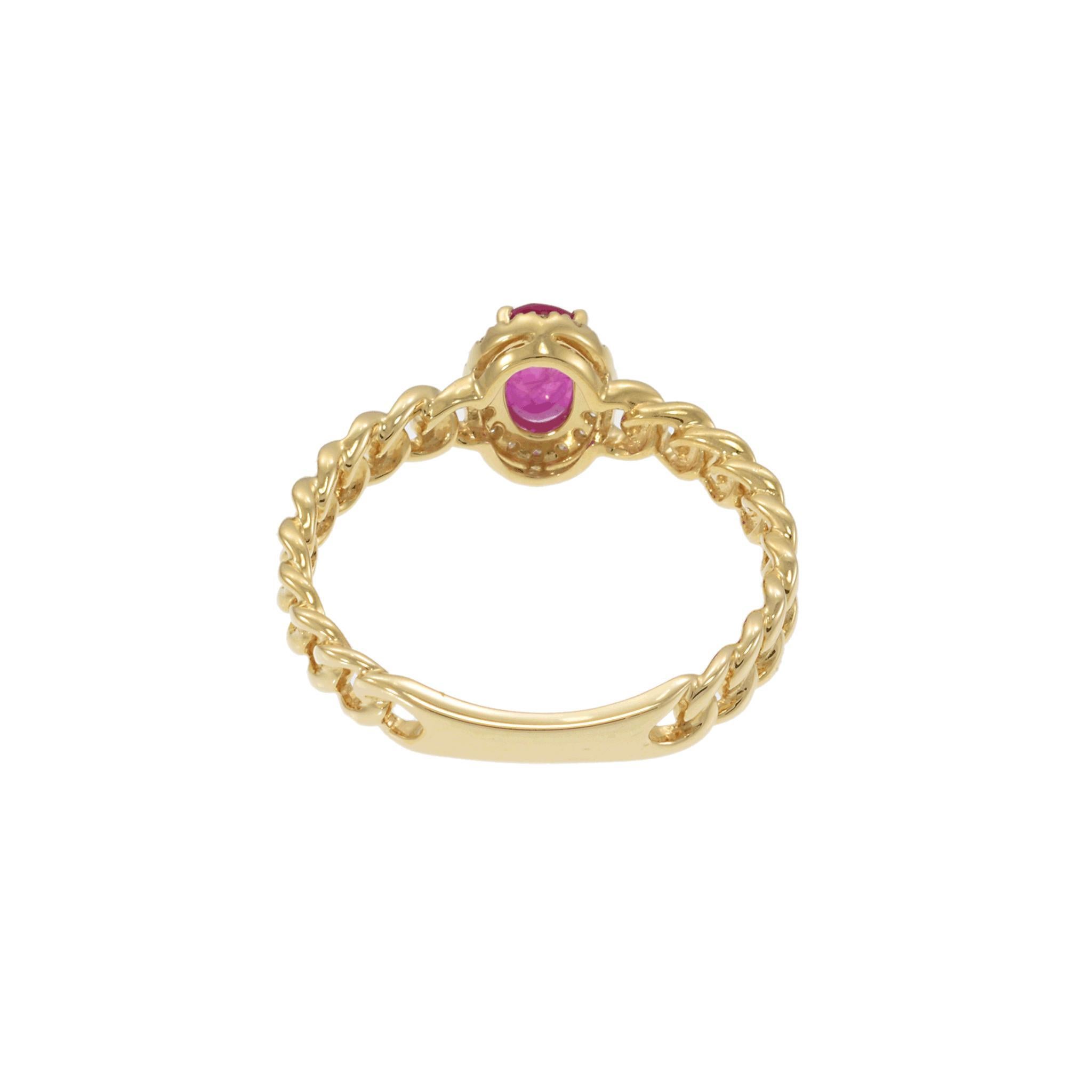Women's 14KT Yellow Gold Chain Link Ruby and Diamond Halo Ring For Sale