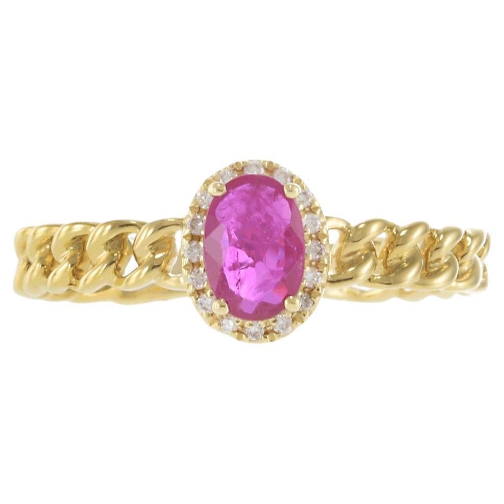 14KT Yellow Gold Chain Link Ruby and Diamond Halo Ring