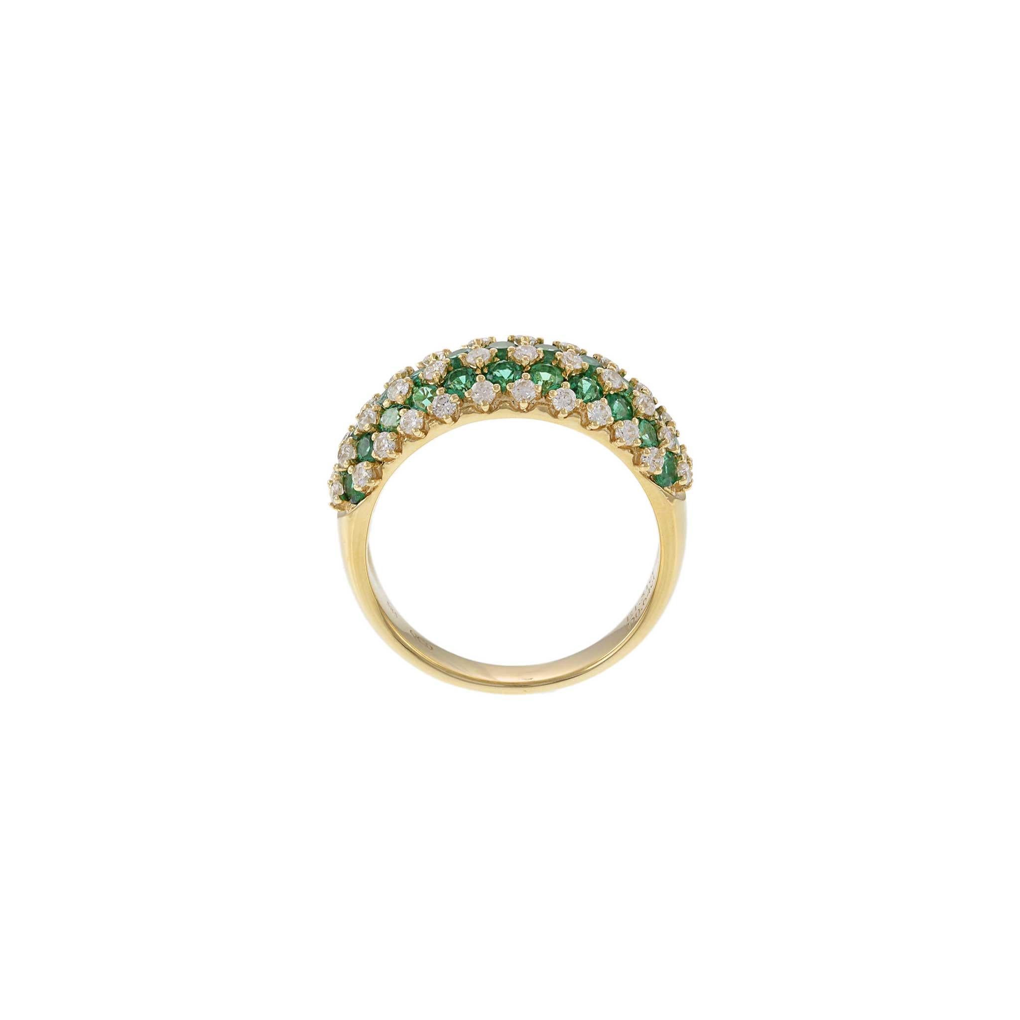 Women's 14KT Yellow Gold Checkerboard Emeralds and Diamond Dome Ring For Sale
