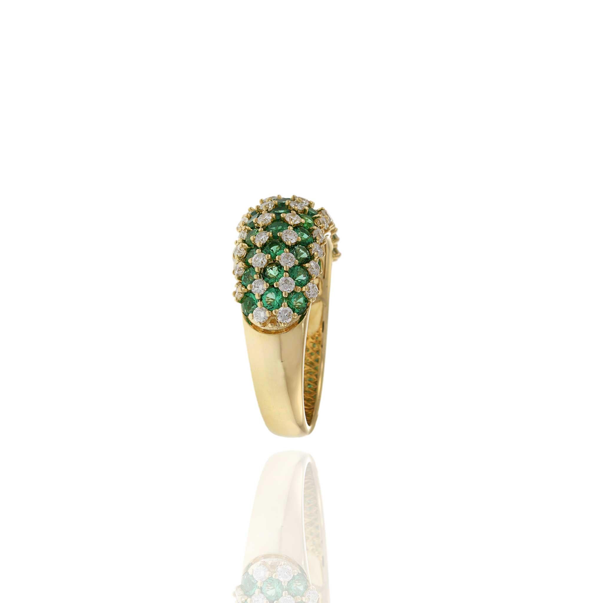 14KT Yellow Gold Checkerboard Emeralds and Diamond Dome Ring For Sale 1