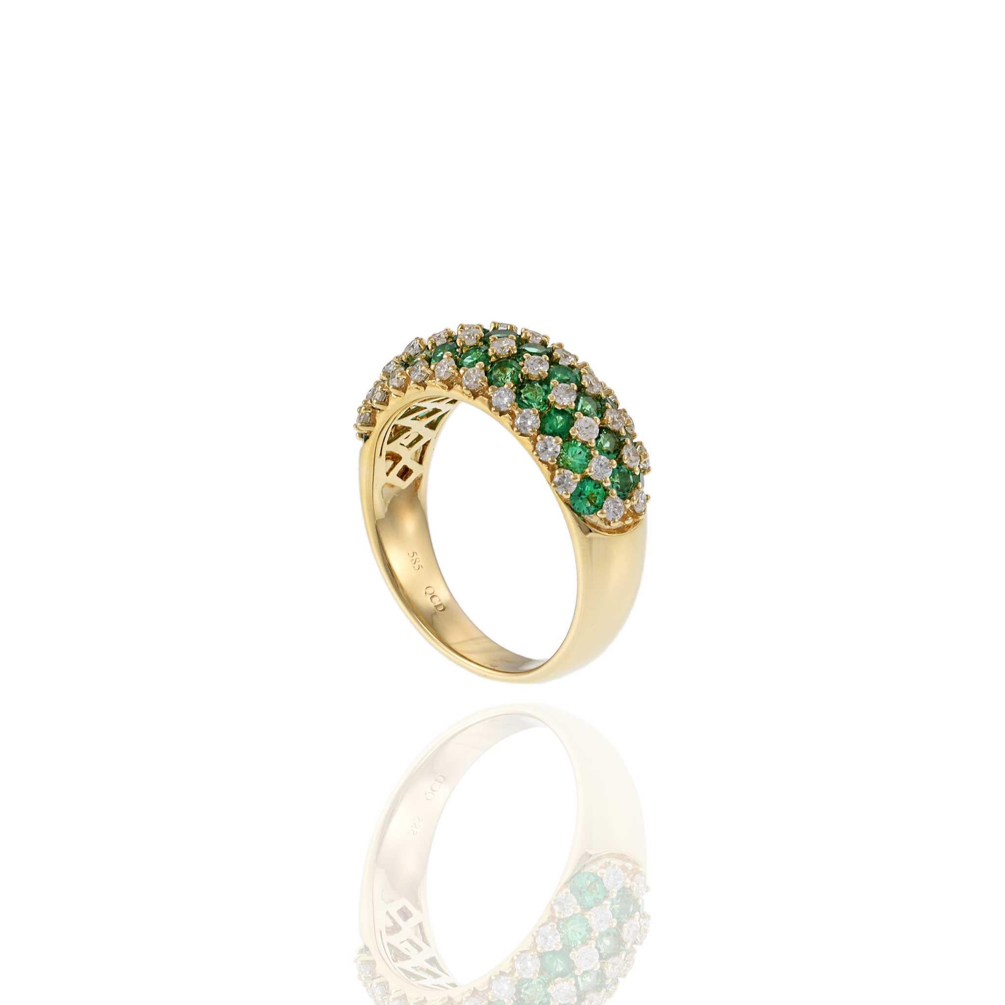 14KT Yellow Gold Checkerboard Emeralds and Diamond Dome Ring For Sale 2