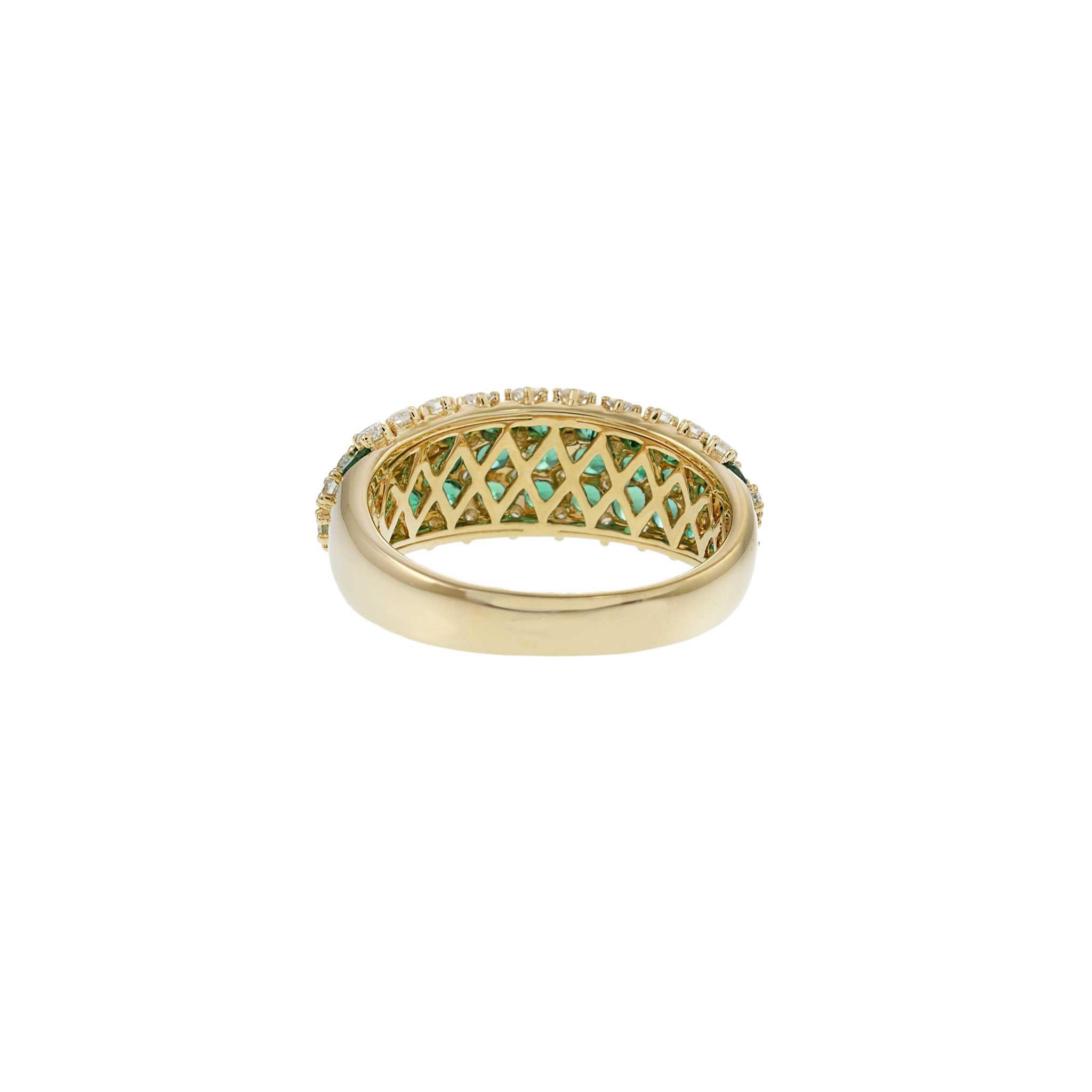 14KT Yellow Gold Checkerboard Emeralds and Diamond Dome Ring For Sale 3