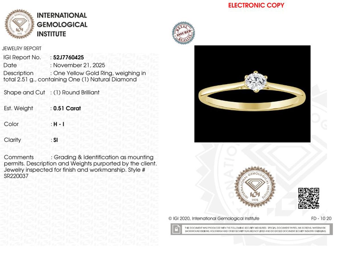 Bague de fiançailles solitaire en or jaune 14KT avec diamant rond classique en vente 4