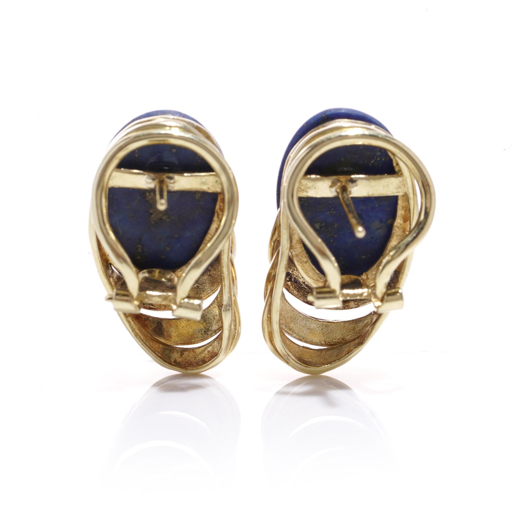 Oval Cut  14kt Yellow Gold Clip-On Stud Earrings with Oval Cabochon Lapis Lazuli For Sale
