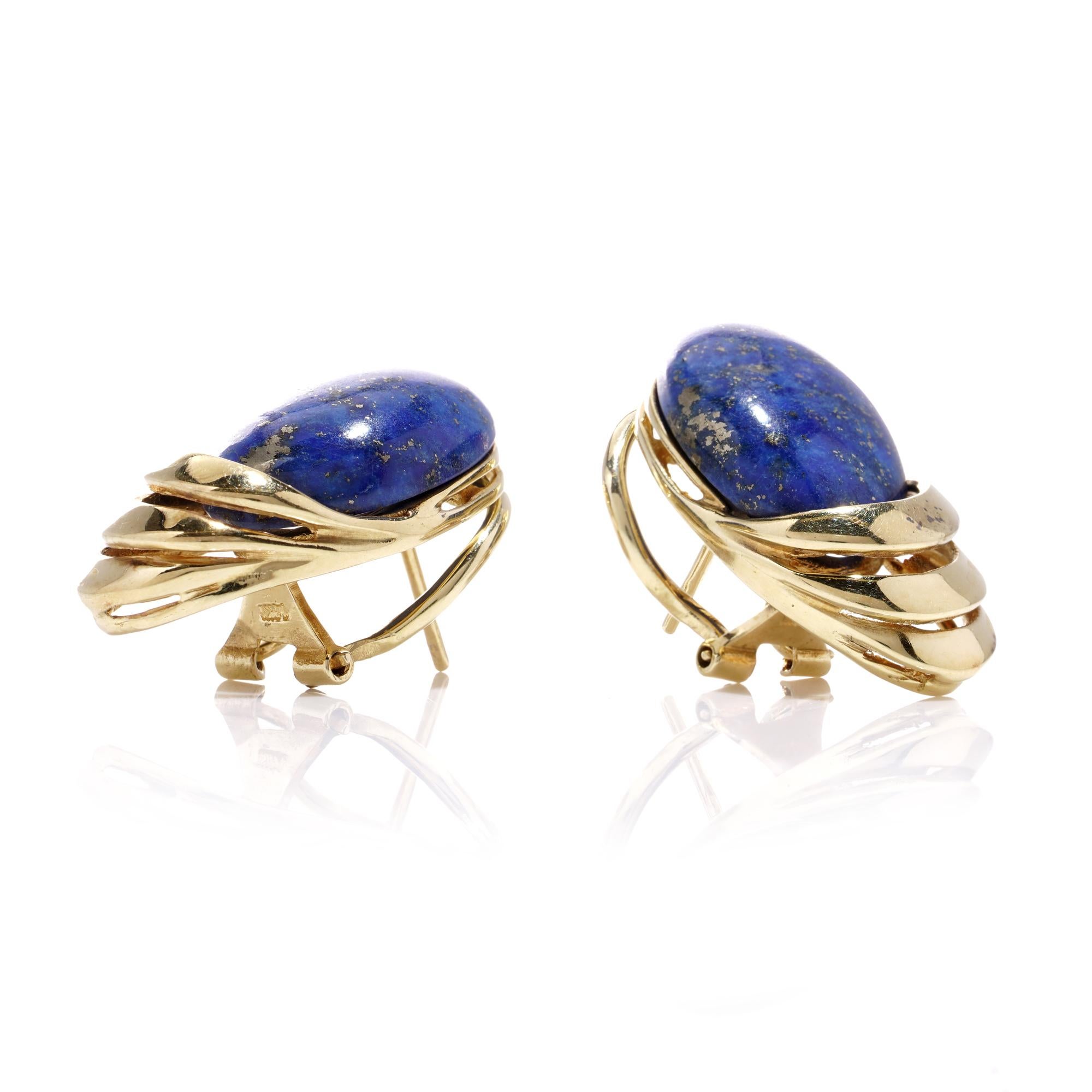 Women's  14kt Yellow Gold Clip-On Stud Earrings with Oval Cabochon Lapis Lazuli For Sale