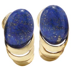 Vintage  14kt Yellow Gold Clip-On Stud Earrings with Oval Cabochon Lapis Lazuli