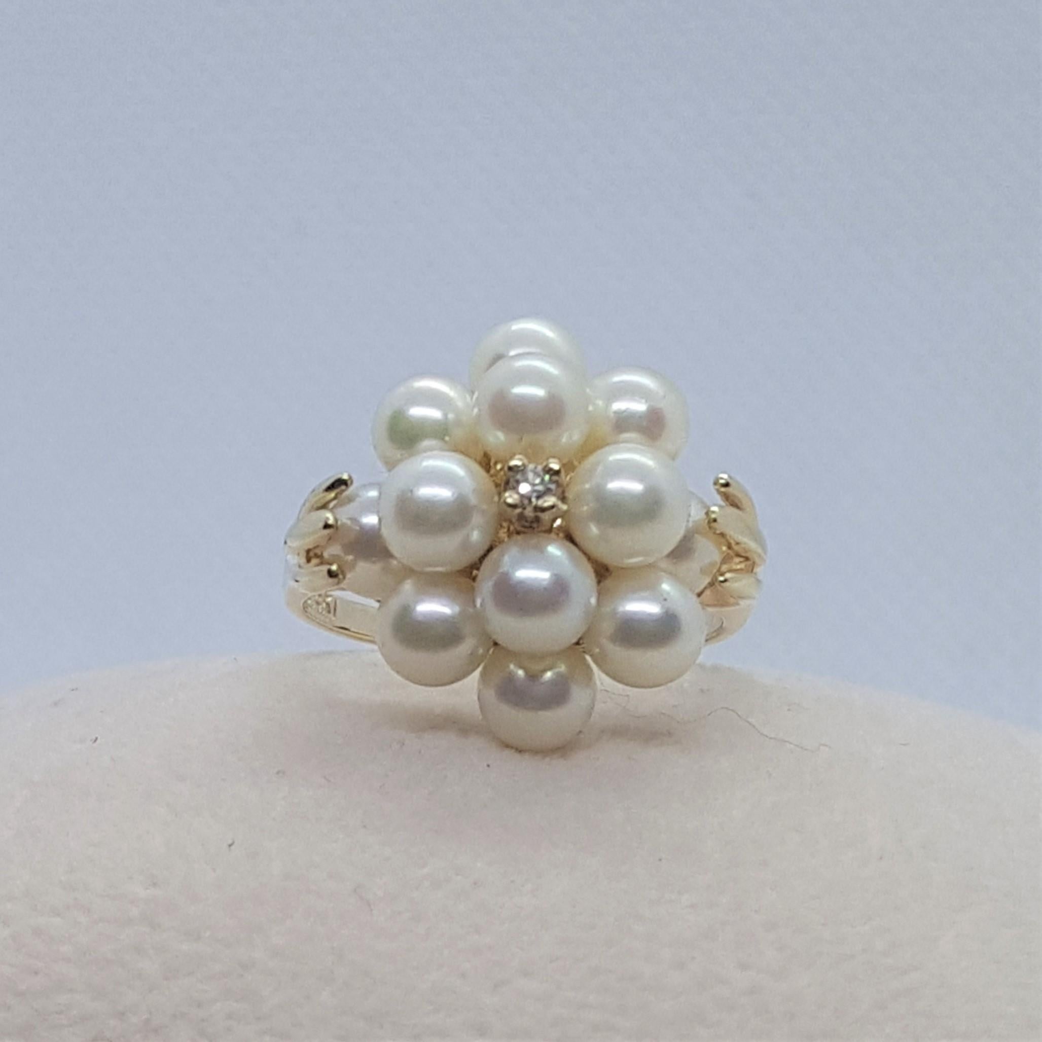 Single Cut 14kt Yellow Gold Cluster Diamond Fine White Pearl Cathedral Ring, Size 6.75