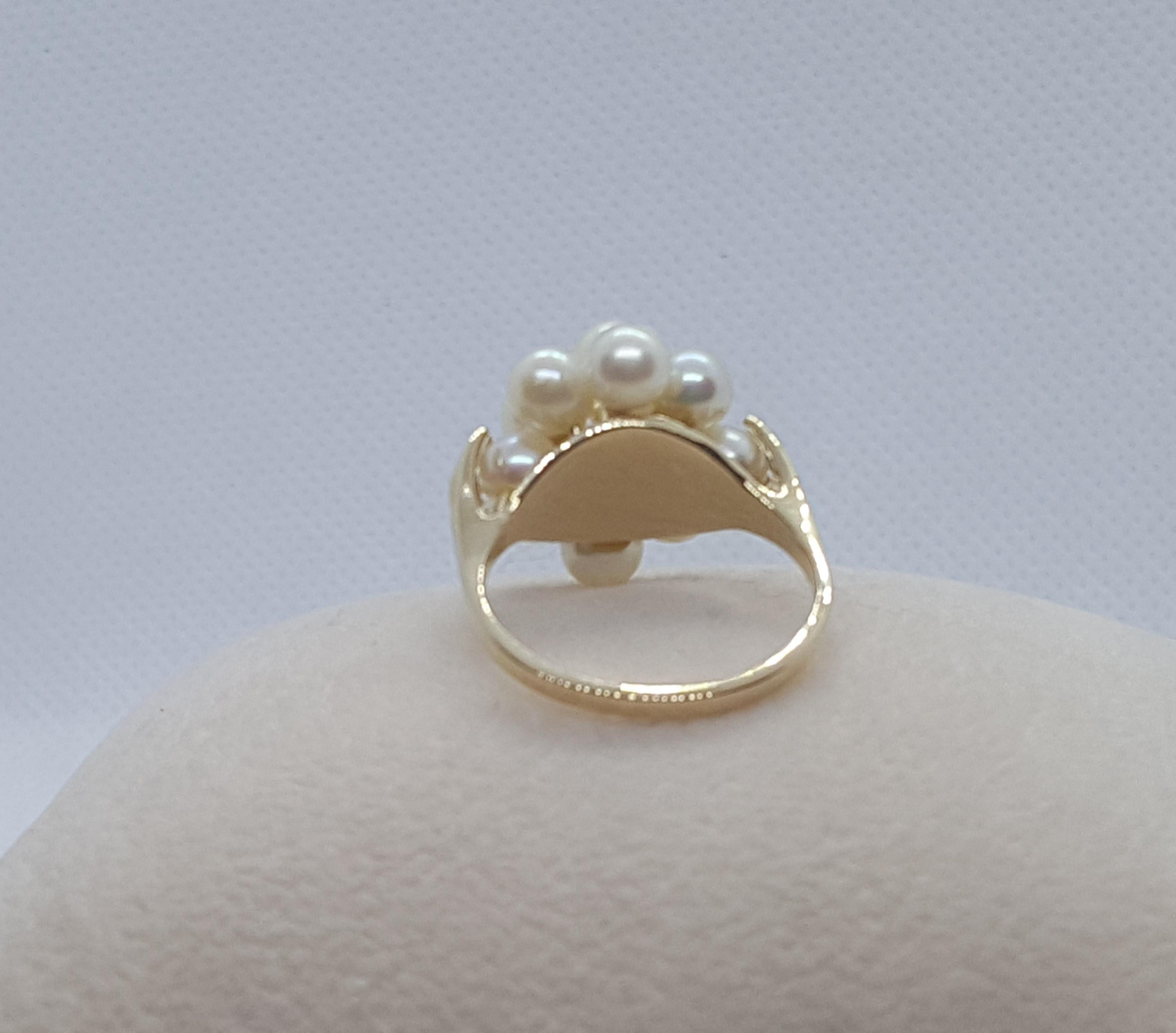14kt Yellow Gold Cluster Diamond Fine White Pearl Cathedral Ring, Size 6.75 In Good Condition In Rancho Santa Fe, CA