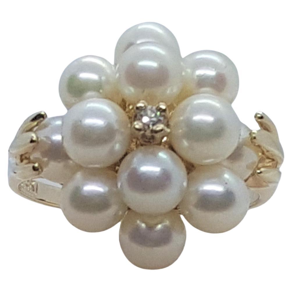 14kt Yellow Gold Cluster Diamond Fine White Pearl Cathedral Ring, Size 6.75