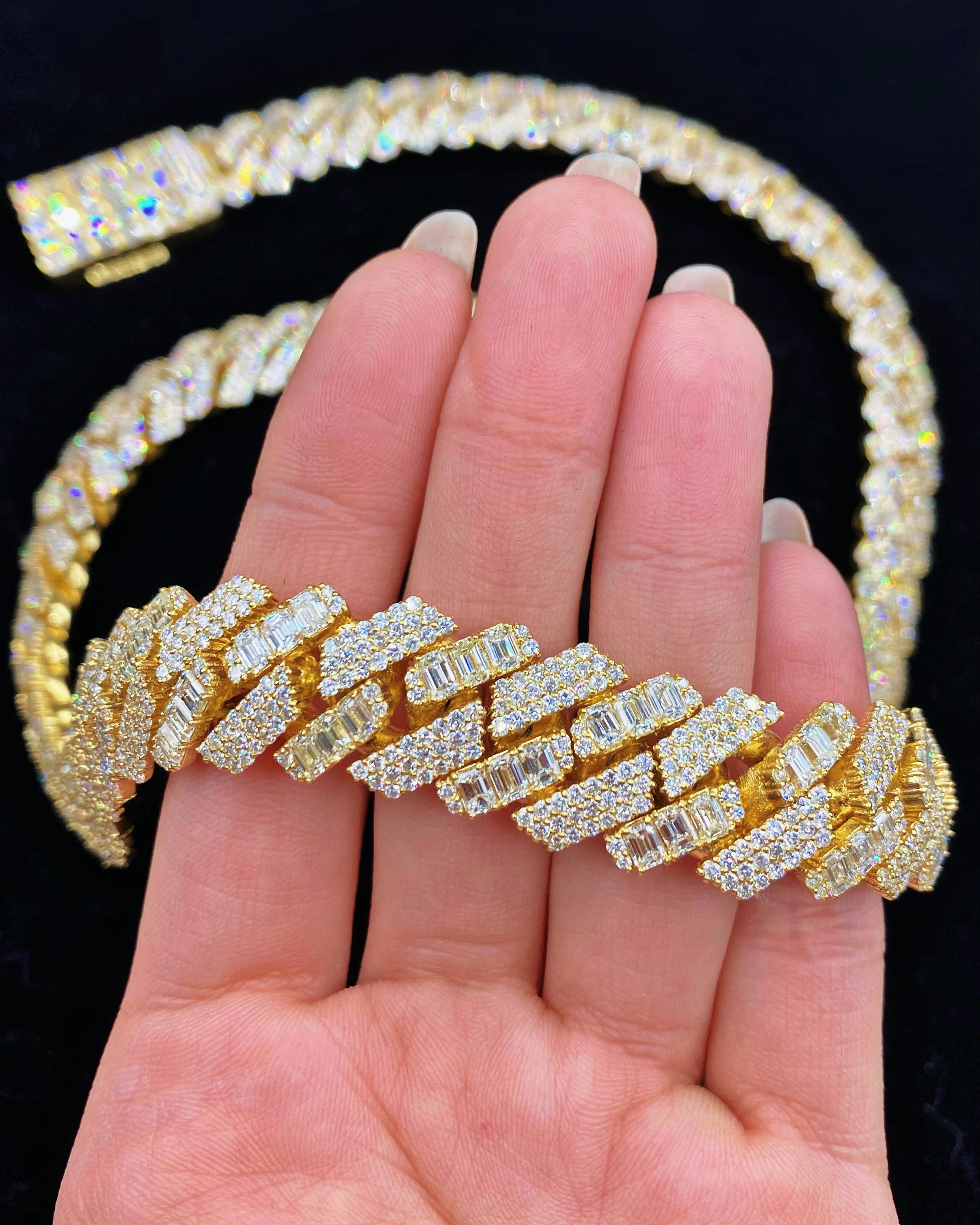 Women's or Men's 14kt Yellow Gold Cuban Link Chain with 65.10ct Diamonds For Sale