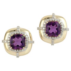 14KT Yellow Gold Cushion-Cut Amethyst & Diamond Halo Studs