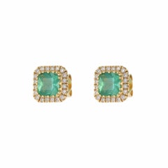 14KT Yellow Gold Cushion Cut Emerald and Diamond Stud Earrings