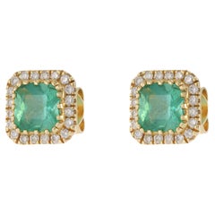 14KT Yellow Gold Cushion Cut Emerald and Diamond Stud Earrings