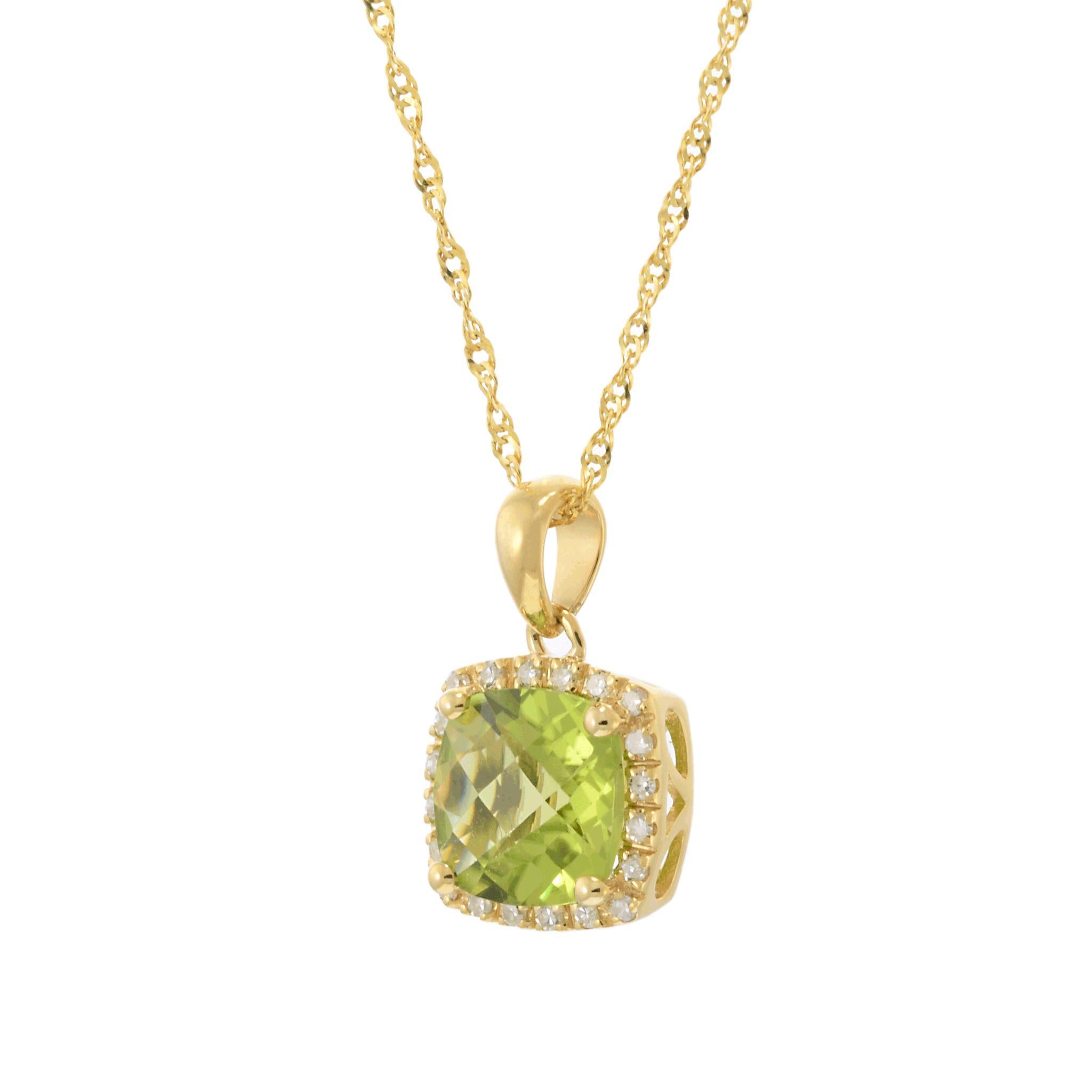 A radiant 14KT yellow gold pendant, featuring a 1.67CT cushion-cut green peridot, exuding a vibrant and refreshing hue. Accentuating its brilliance are round-cut diamonds totaling 0.07CT-TW, adding a touch of sparkle and elegance. Suspended from a