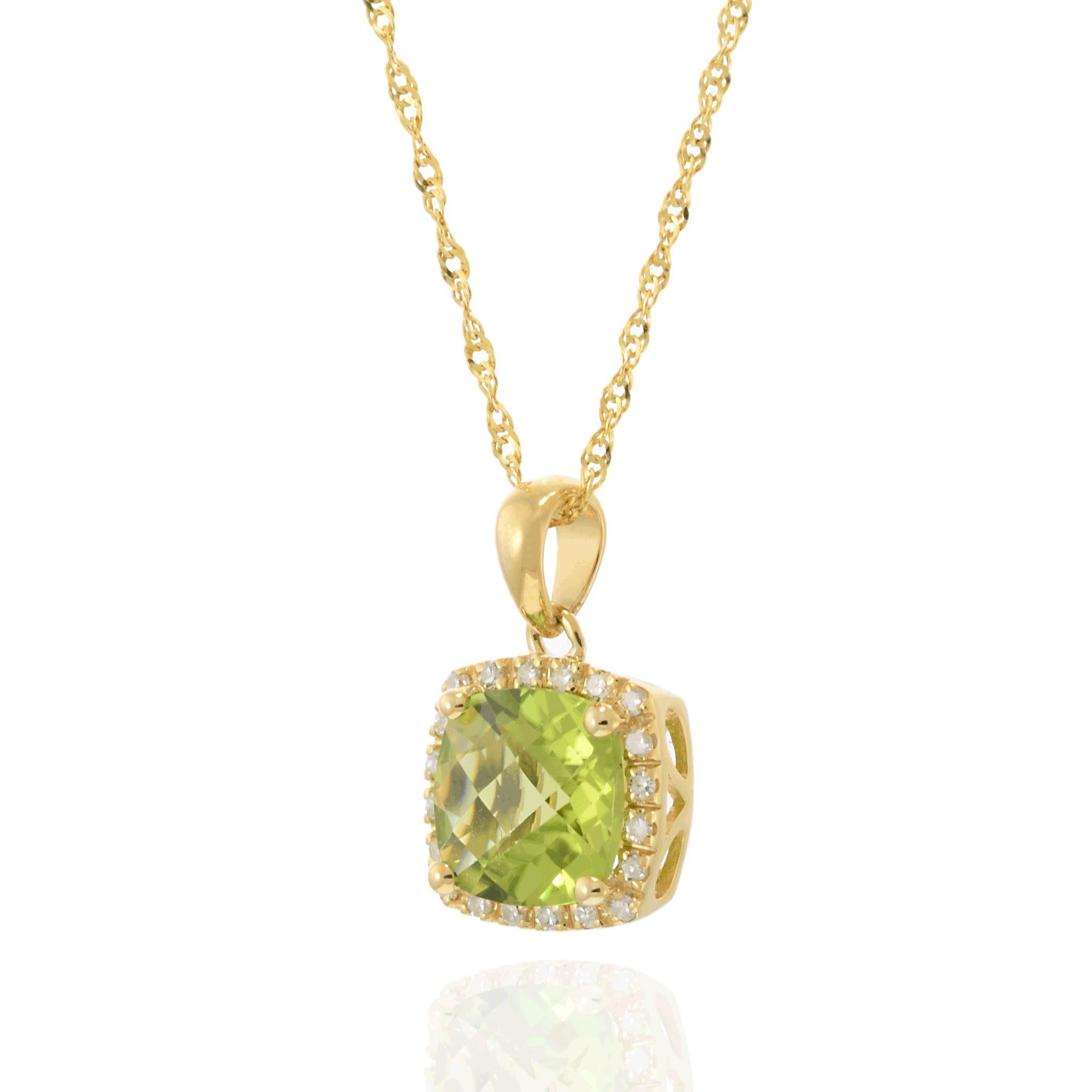 Cushion Cut 14KT Yellow Gold Cushion-Cut Peridot and Diamond Pendant with Chain For Sale
