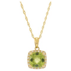 14KT Yellow Gold Cushion-Cut Peridot and Diamond Pendant with Chain