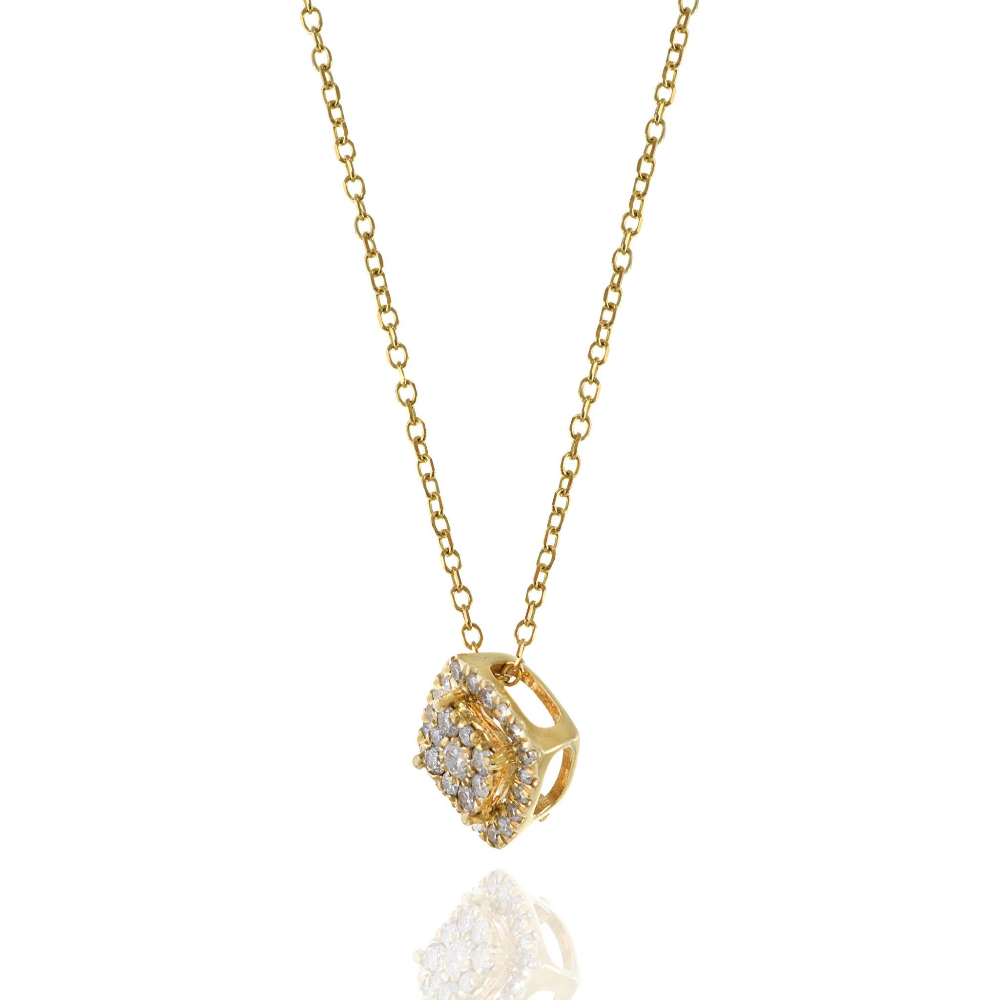 Round Cut 14KT Yellow Gold Cushion Style Halo Necklace For Sale