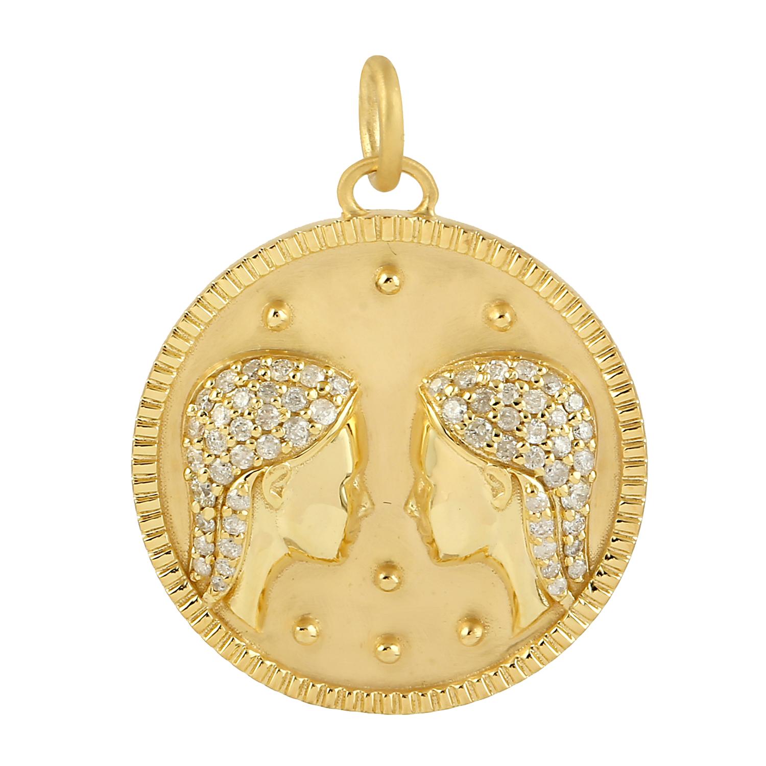 Mixed Cut 14kT Yellow Gold Designer Gemini Zodiac Charm Pendant With Natural Pave Diamonds For Sale