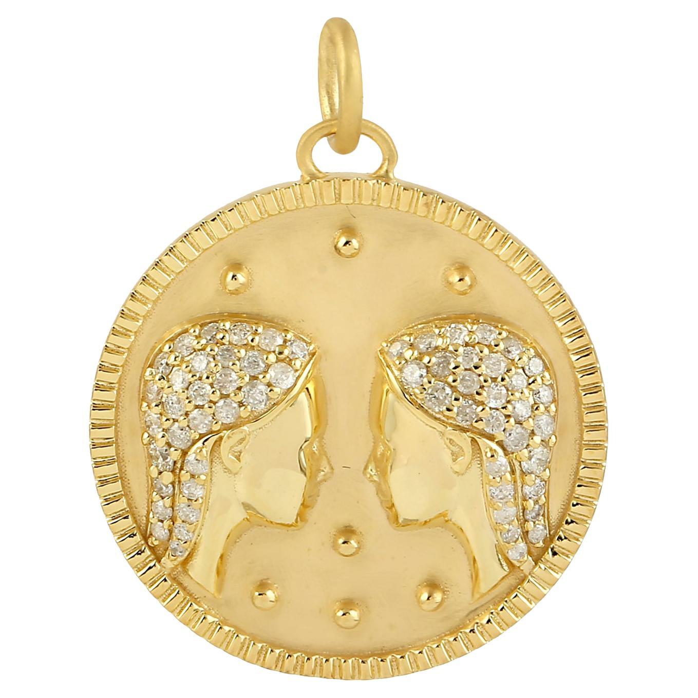 14kT Yellow Gold Designer Gemini Zodiac Charm Pendant With Natural Pave Diamonds For Sale