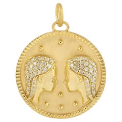 14kT Yellow Gold Designer Gemini Zodiac Charm Pendant With Natural Pave Diamonds