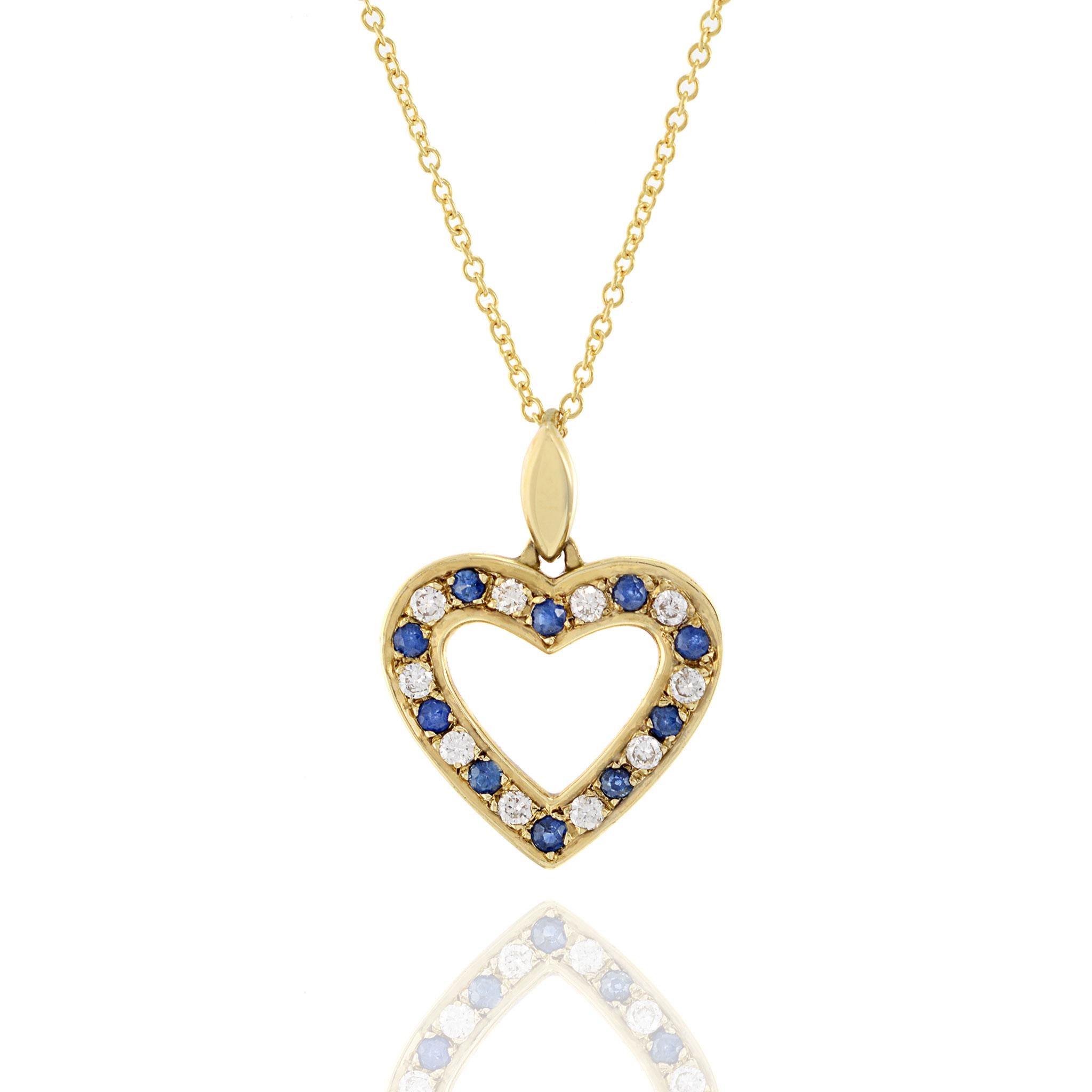 Modern 14KT Yellow Gold Diamond And Blue Sapphire Heart Pendant For Sale