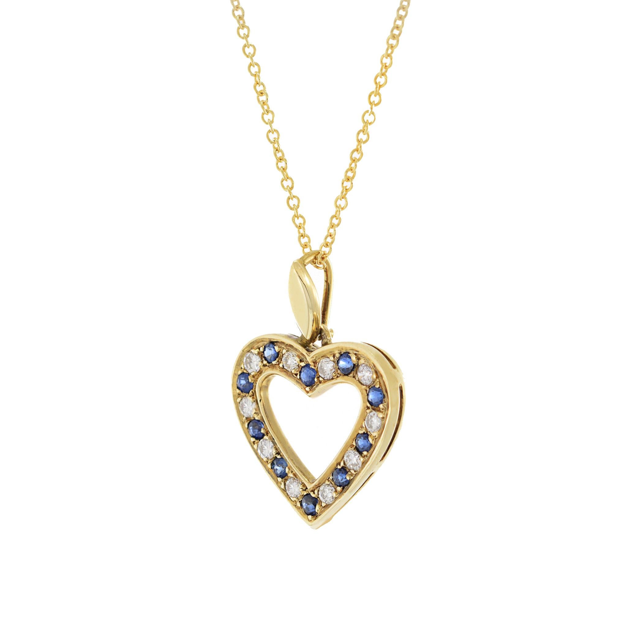 Round Cut 14KT Yellow Gold Diamond And Blue Sapphire Heart Pendant For Sale